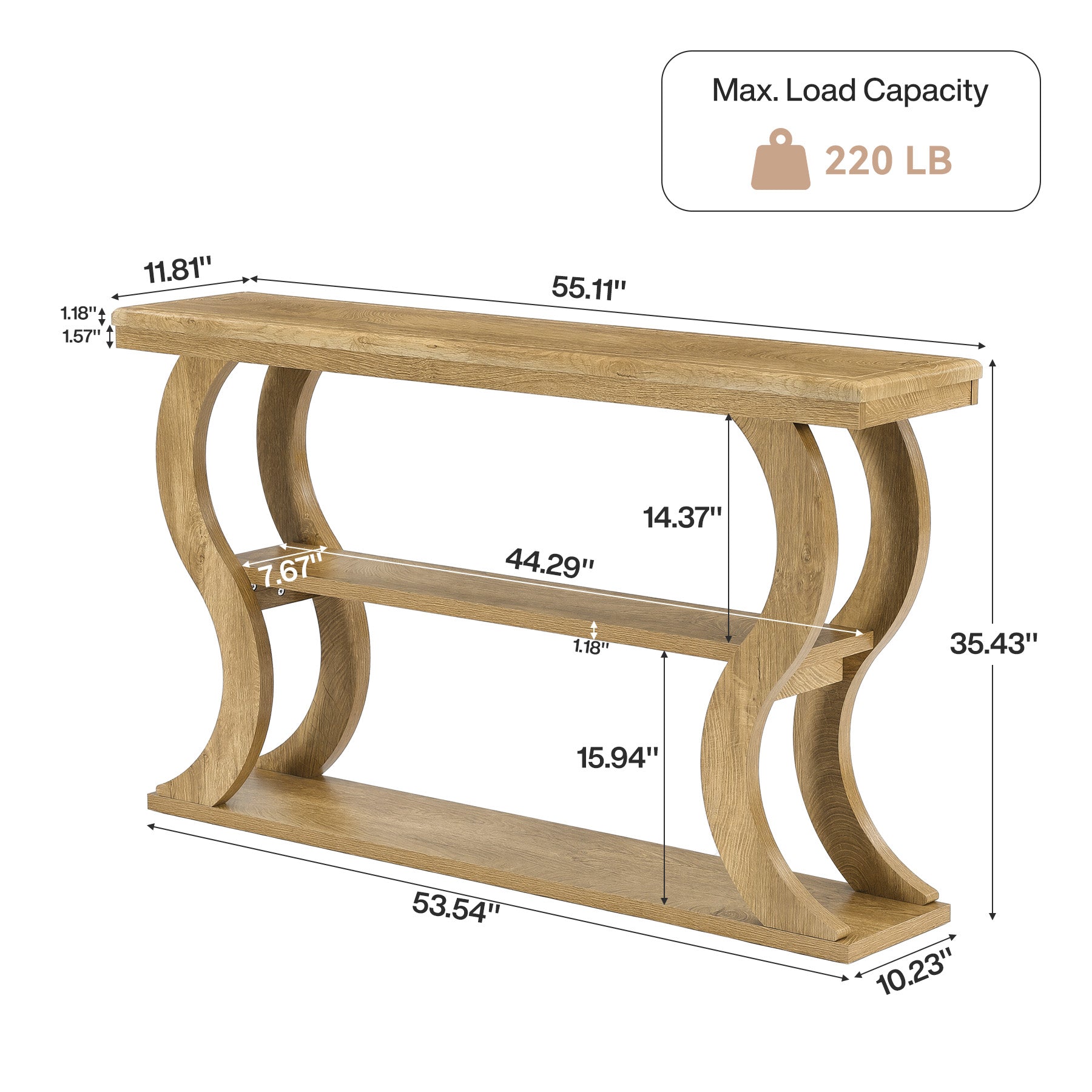 55" Console Table, Farmhouse Entryway Table Sofa Tables with 3-Tier Storage