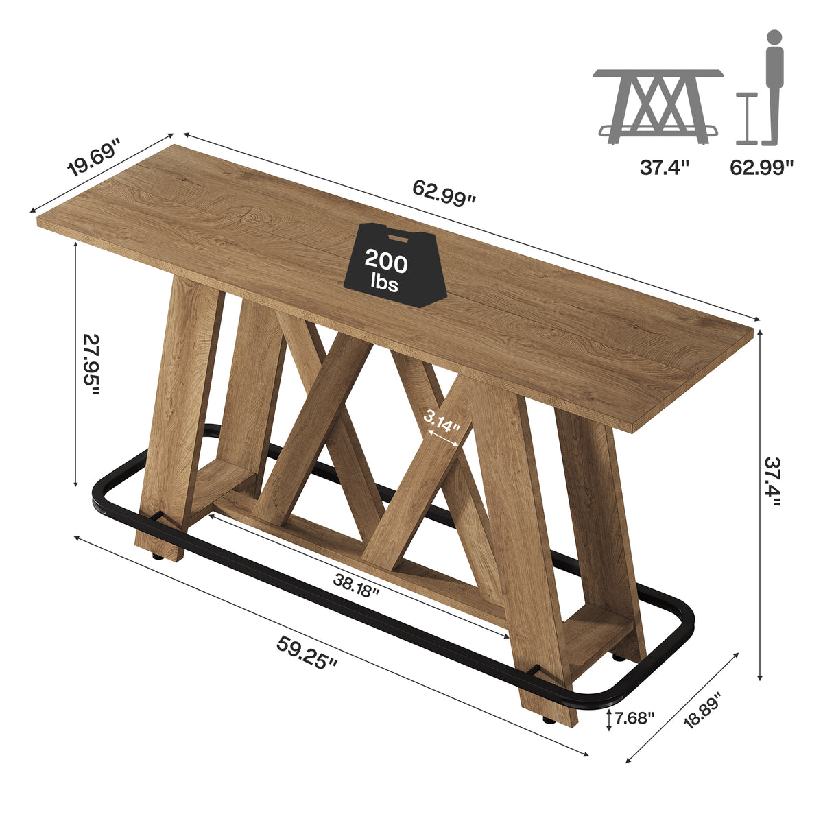 63" Bar Table with A-Frame Legs & Metal Footrest, Rustic Pub Table
