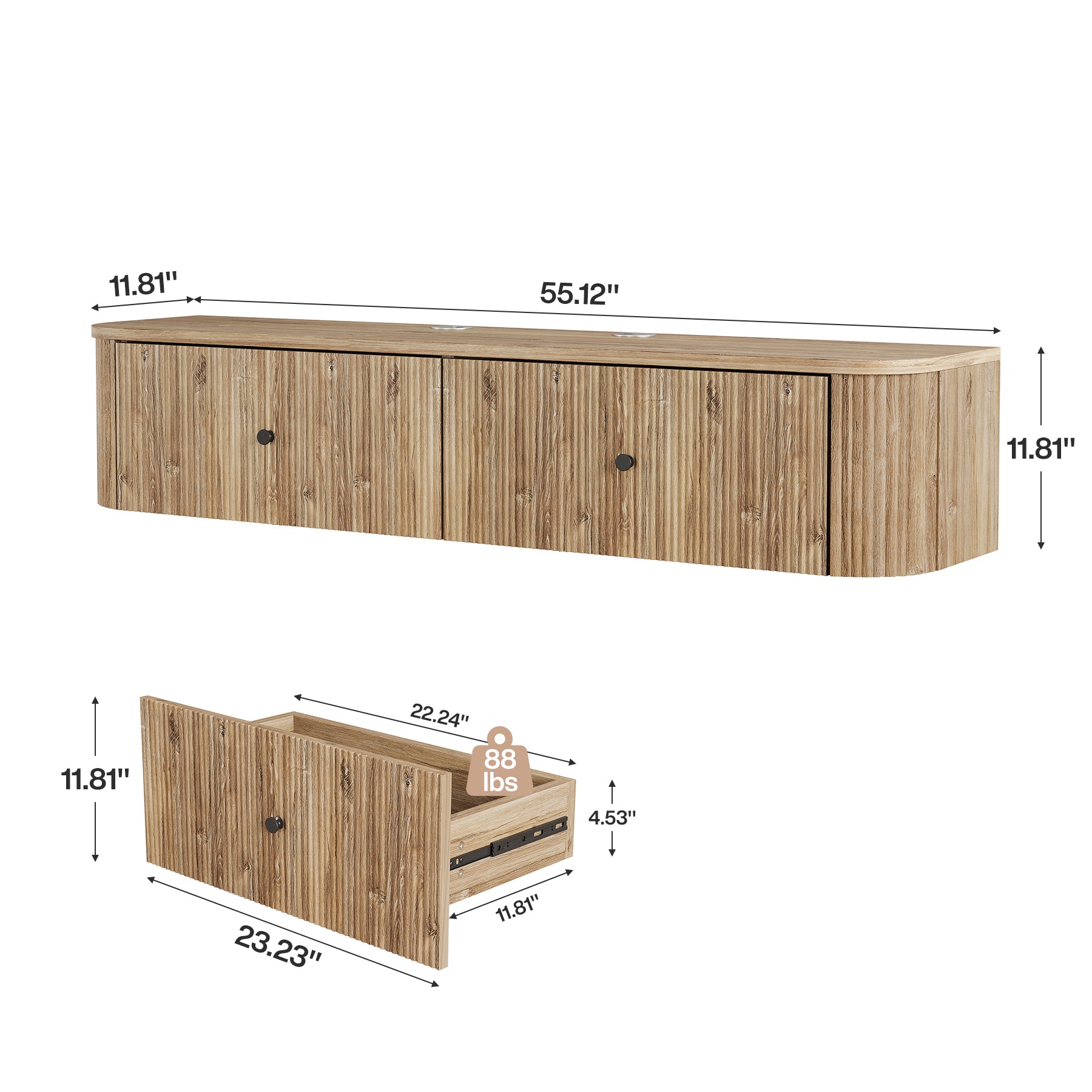 Floating TV Stand, 55" Wall Mounted Media Console with 2 Fluted Drawers