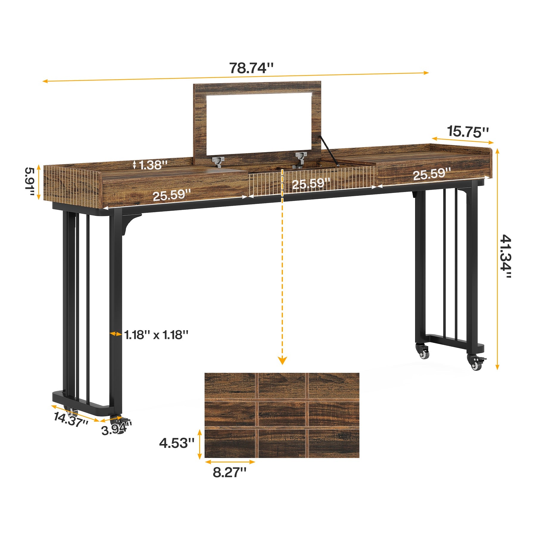 78" Overbed Table, Mobile Sofa Table Computer Desk with Mirror and Wheels