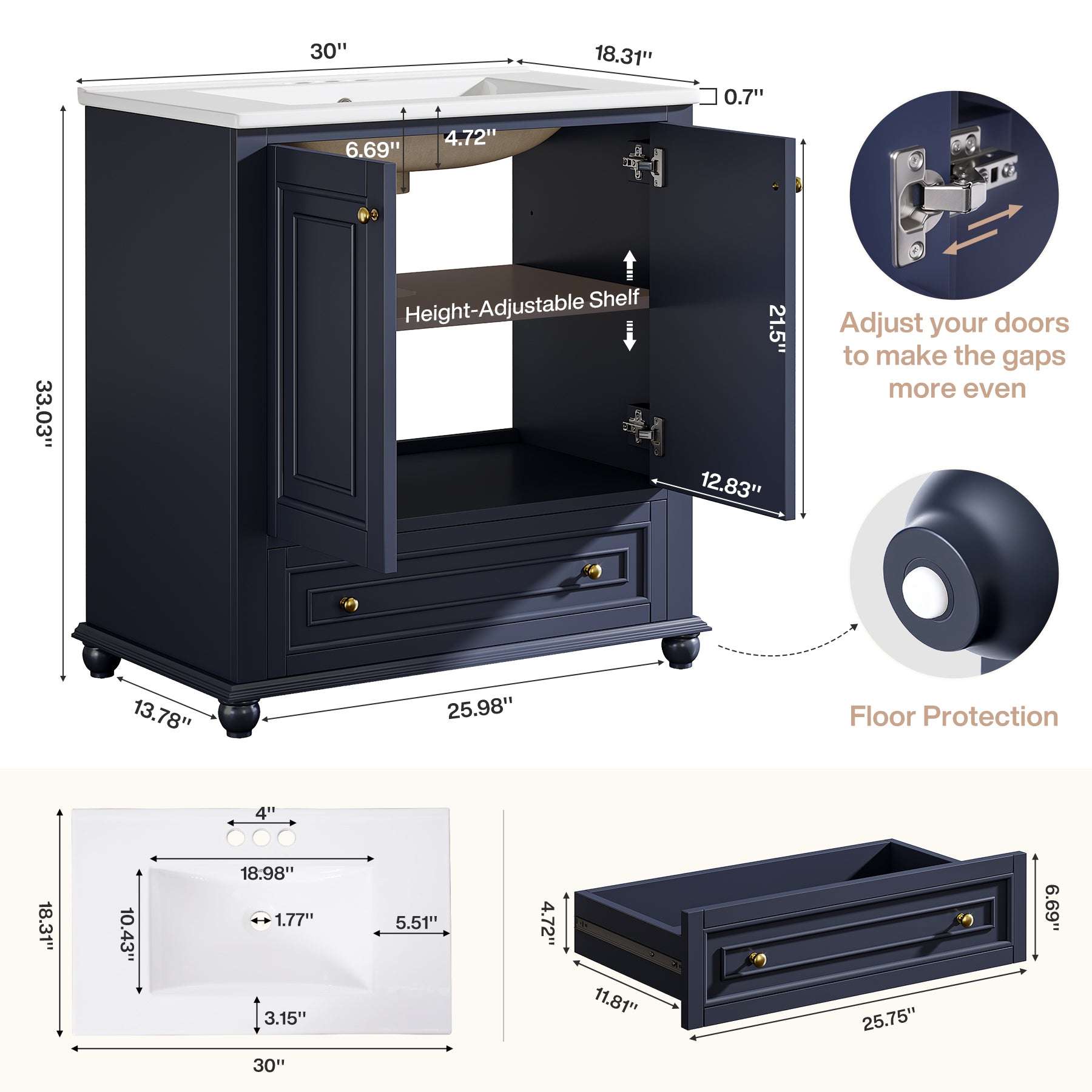 23.6" Bathroom Vanity, Freestanding Bathroom Storage Vanity Cabinet with 2 Doors