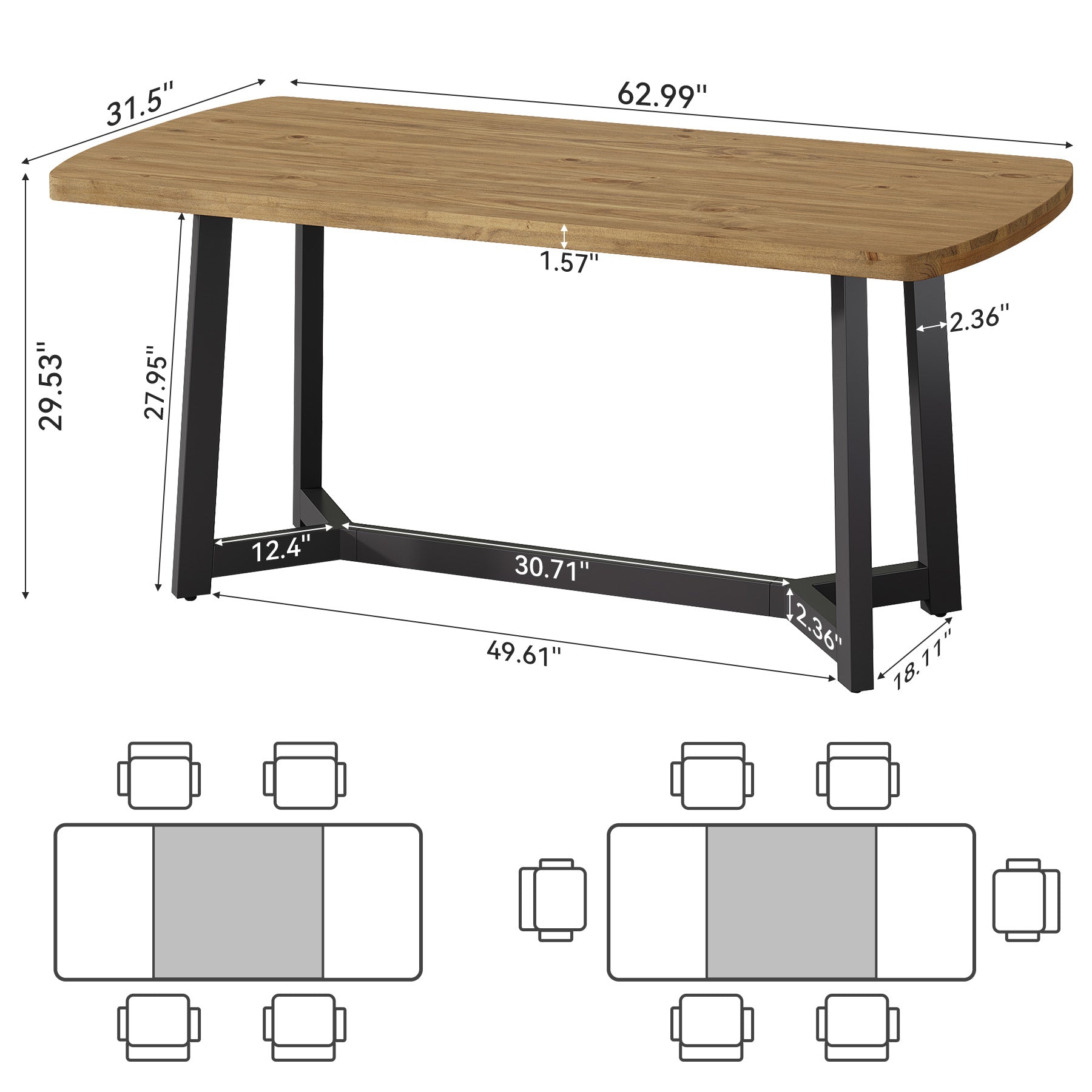 63" Farmhouse Dining Table, Pine Wood Rectangular Kitchen Table for 4-6(Table Only)