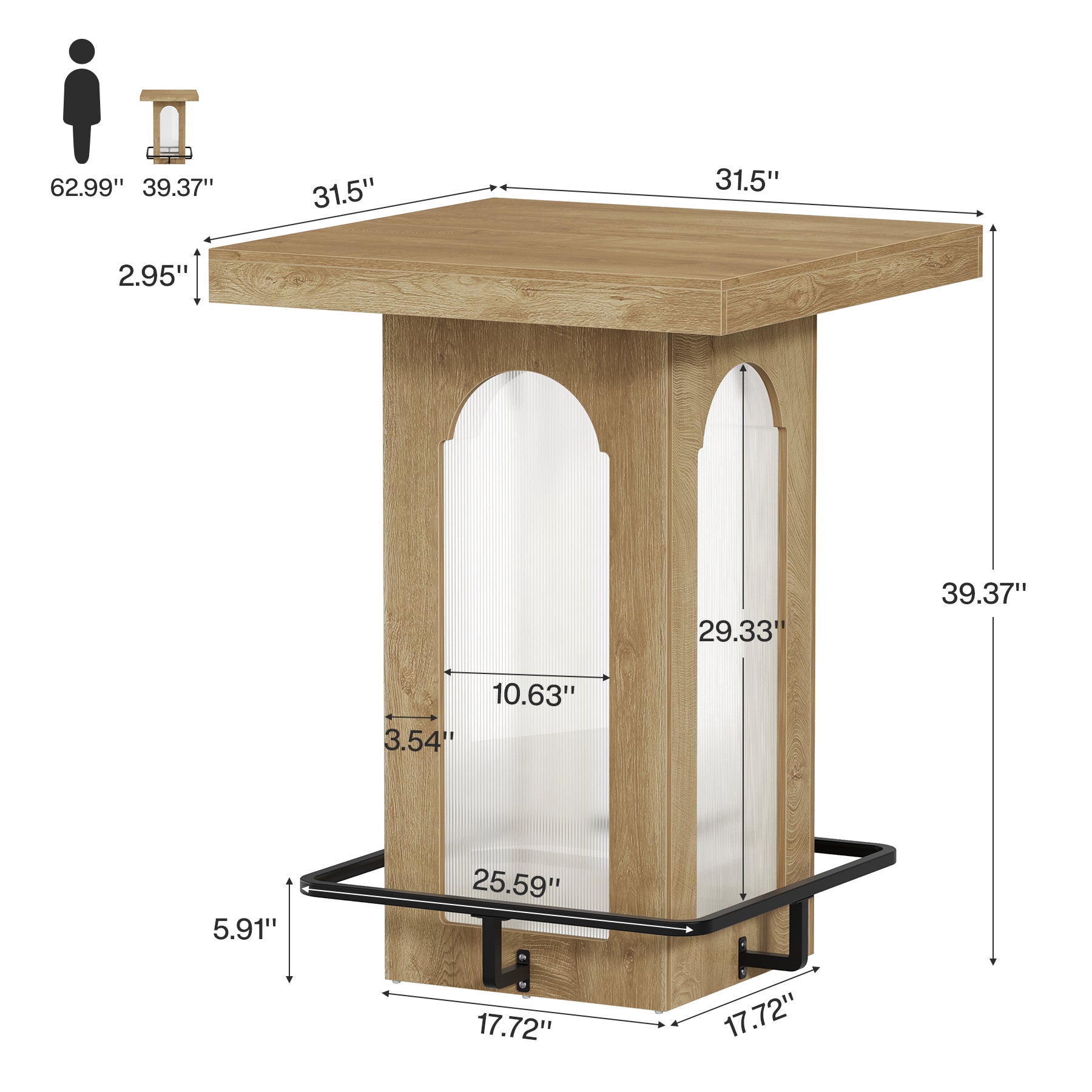 31.5" Square Bar Table, High Top Cocktail Pub Table with Led Lights for 2-4 People