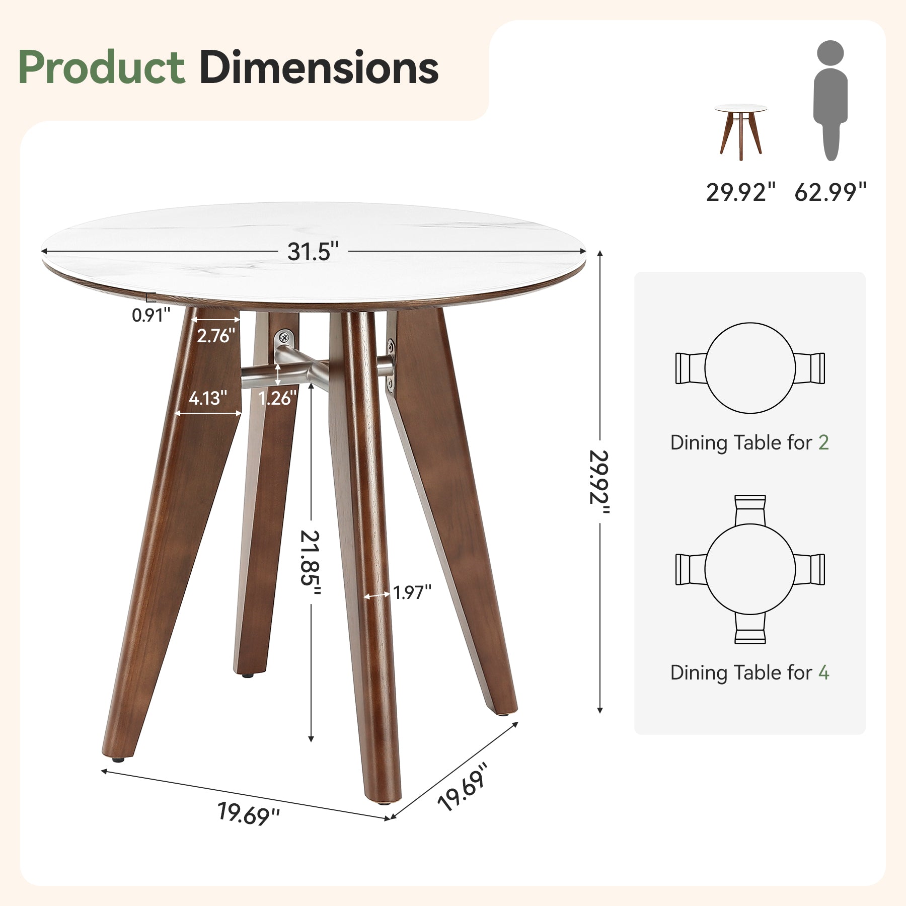 31.5" Round Dining Table, Modern Sintered Stone Kitchen Dinner Table