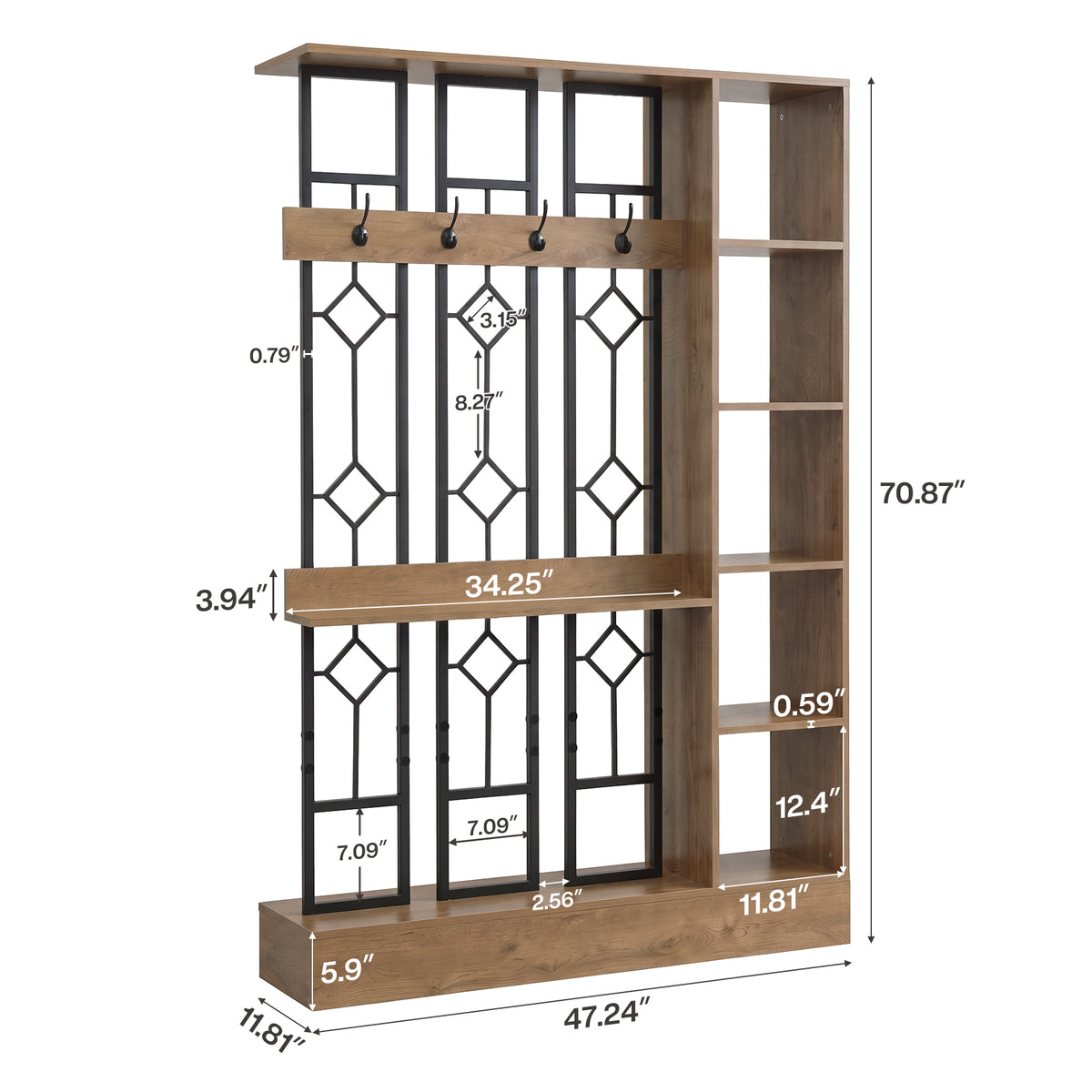 71" Wall Room Divider with Storage Shelves & Coat Hooks, Freestanding Wall Partition for Entryway