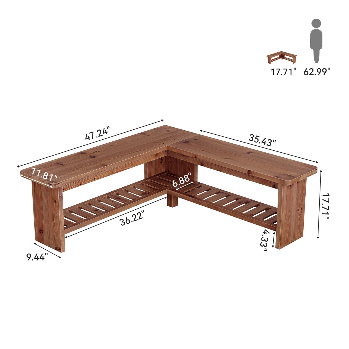 47" L-Shaped Breakfast Nook Bench, Solid Wood Corner Dining Bench with Storage Shelf