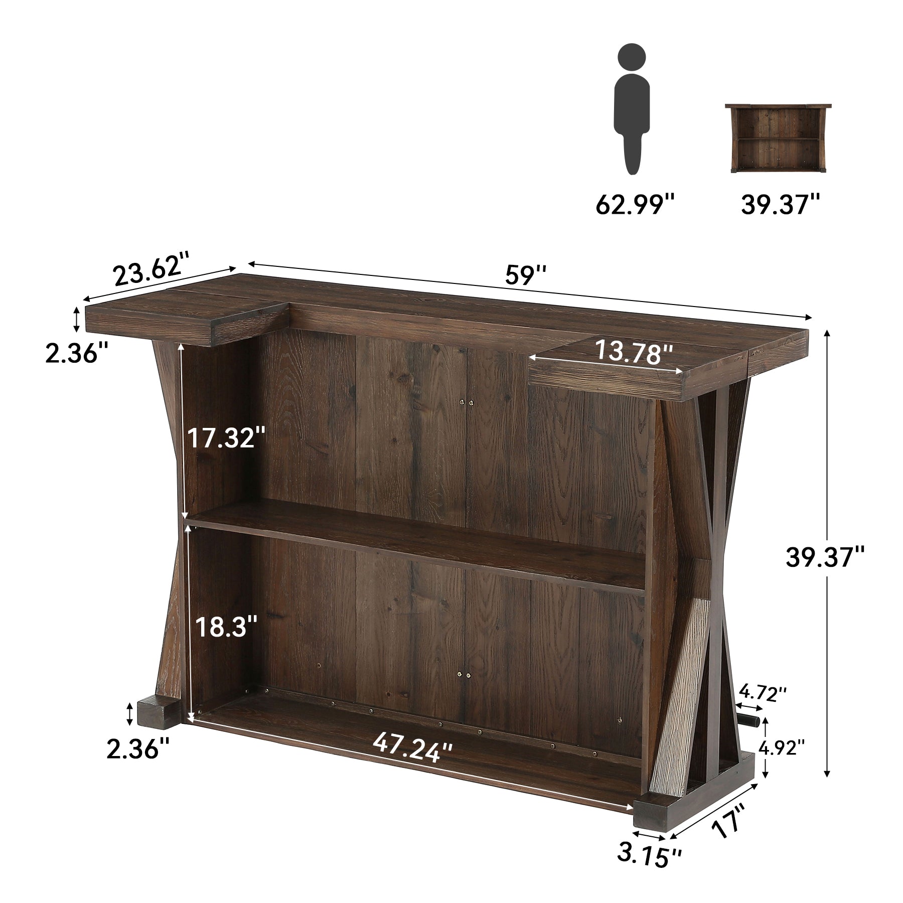 59" Home Bar Unit with Storage Shelves & Foot Rail, Farmhouse Solid Wood 3-Tier Bar Cabinet
