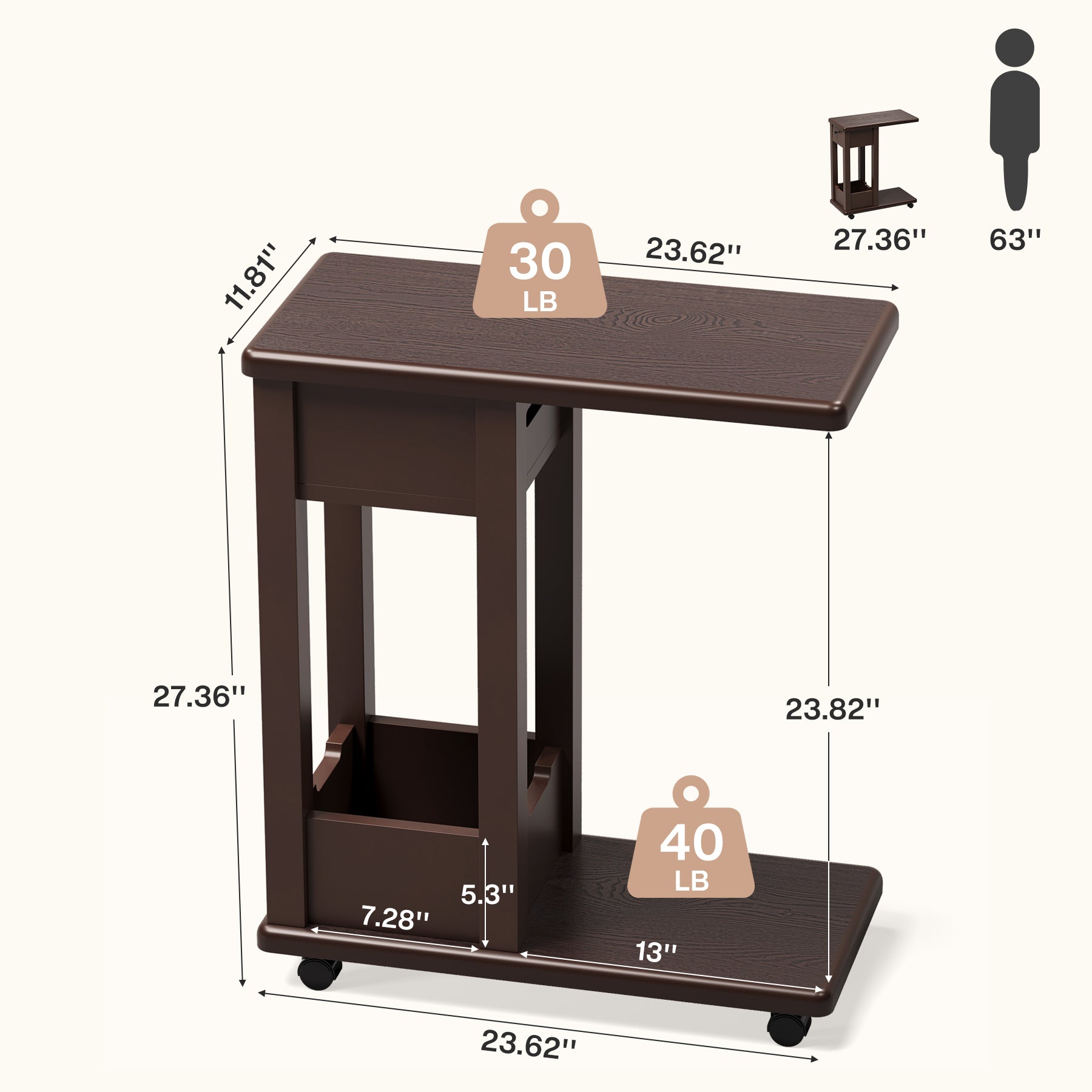 C-Shaped Side Table, 2-Tier Rolling Sofa End Table with Swivel & Lockable Casters