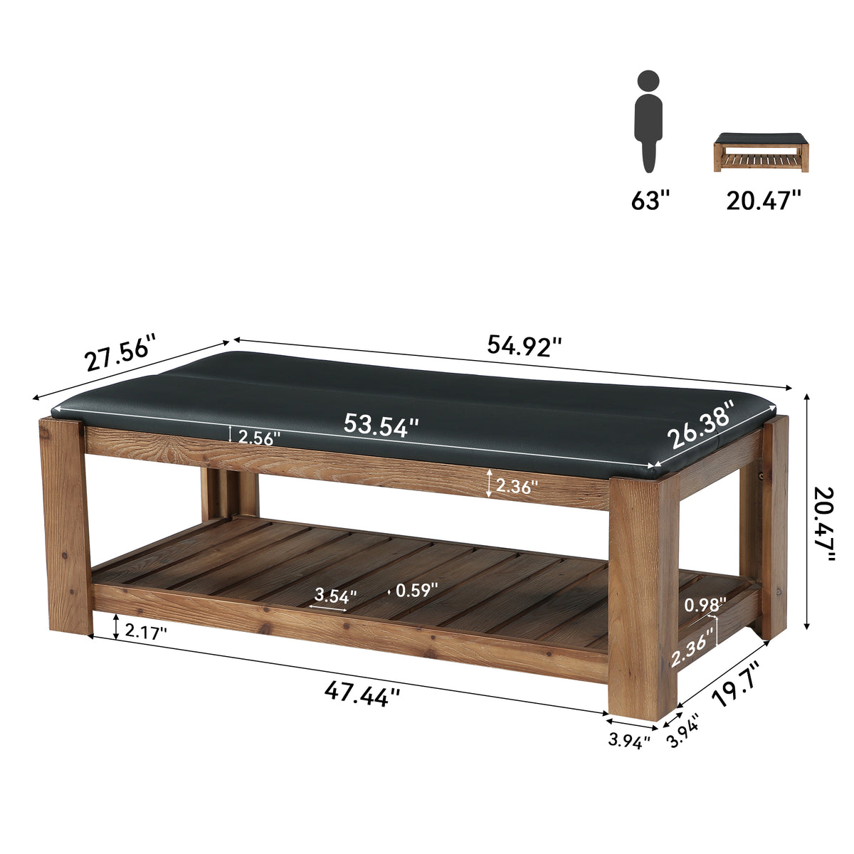55" Solid Wood Coffee Table with PU Leather Padded Top & Storage Shelf