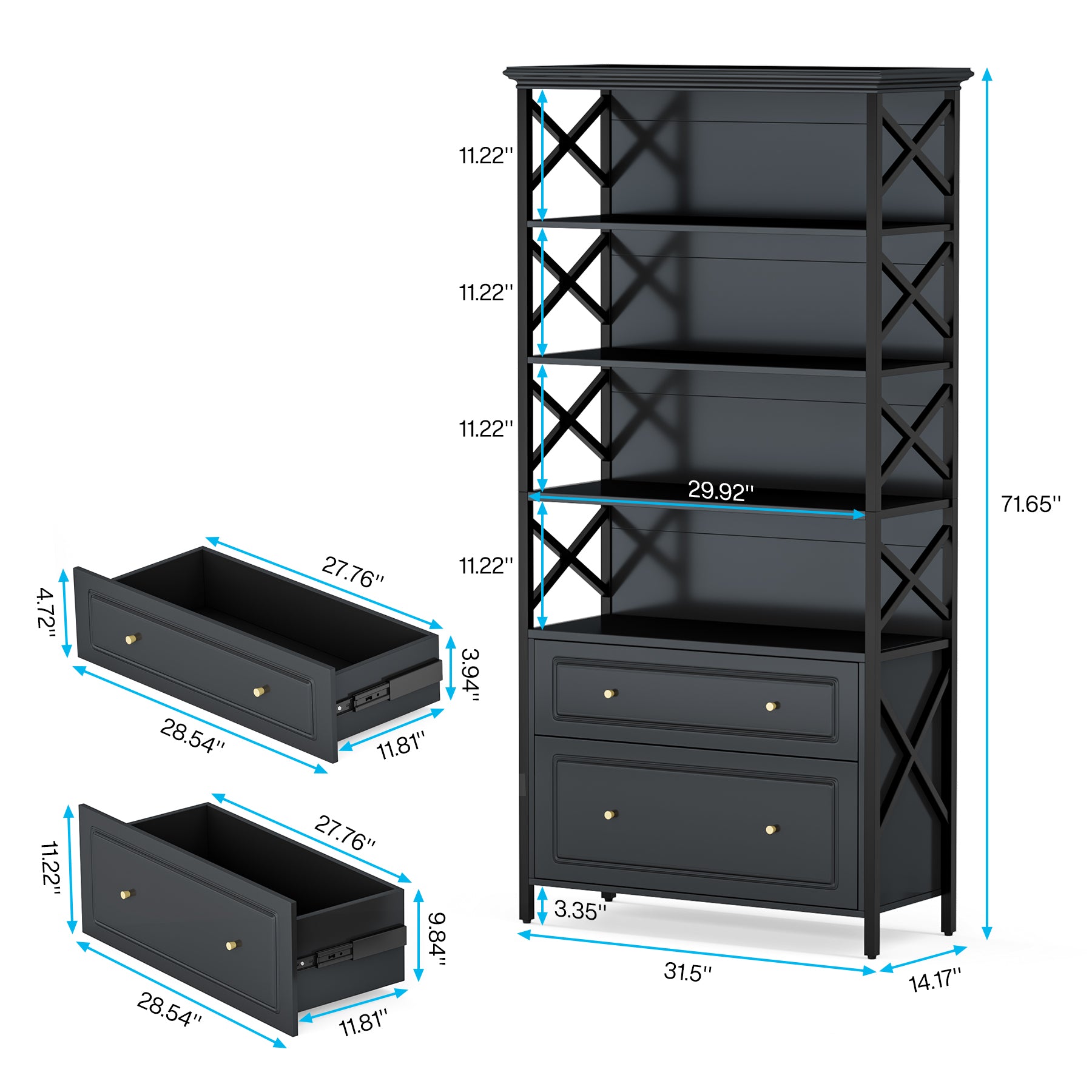 5-Tier Bookshelf, Industrial Bookcase Display Shelf with 2 Drawers
