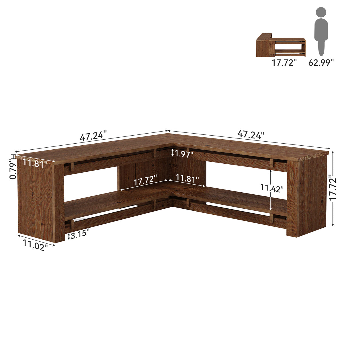 47" L-Shaped Corner Bench, Rustic Solid Wood Shoe Storage, Backless Entryway Mudroom