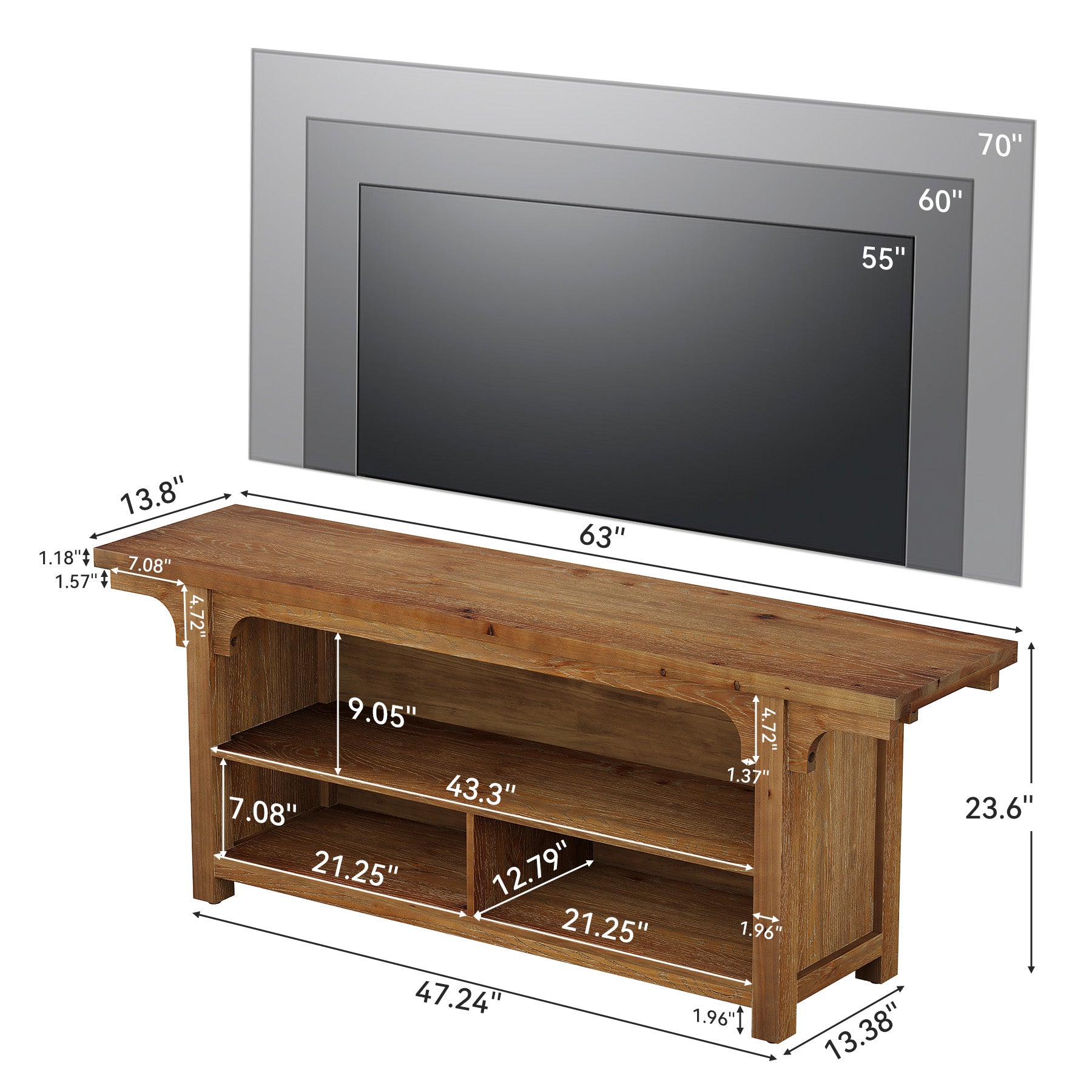 63" Solid Wood TV Stand for 55/65/70"TVs, Farmhouse Entertainment Center with 3 Storage
