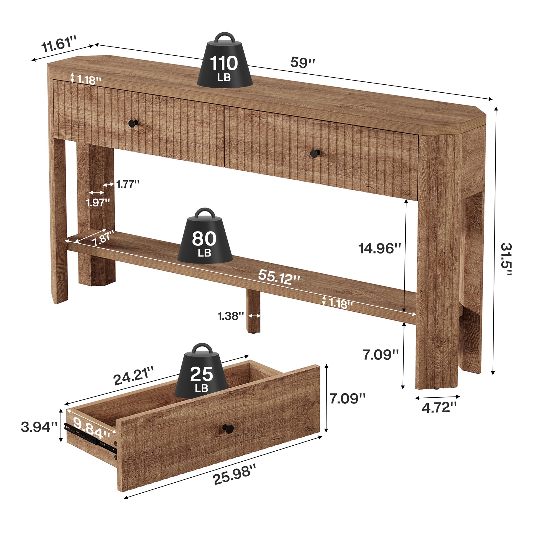 59" Narrow Console Table with 2 Drawers, Entryway Sofa Table with Storage Shelf for Hallway & Living Room