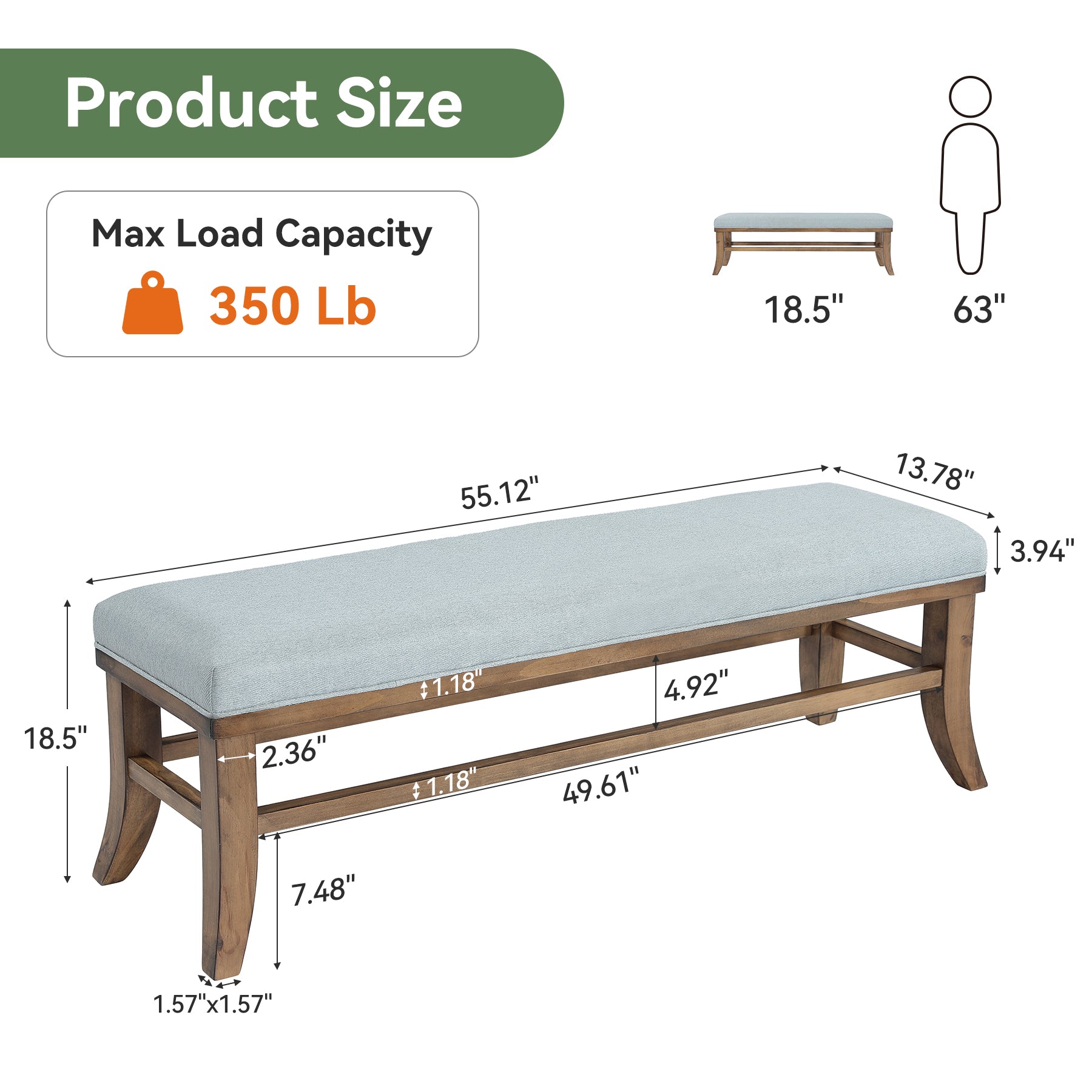 55" Upholstered Entryway Bench, Solid Wood Linen Bedroom Bench for Hallway