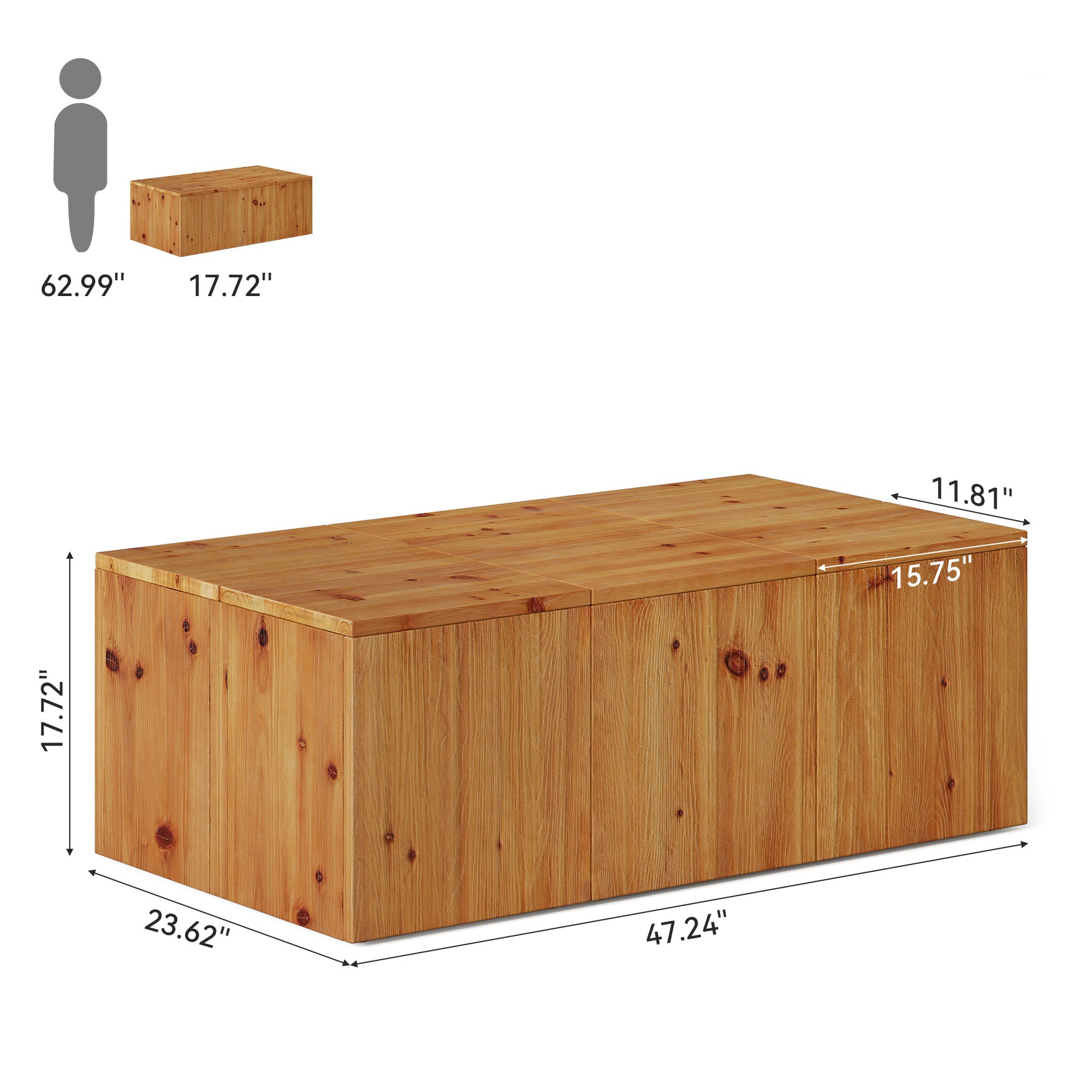 47" Rectangle Coffee Table, Solid Wood Center Table with Natural Wood Grain