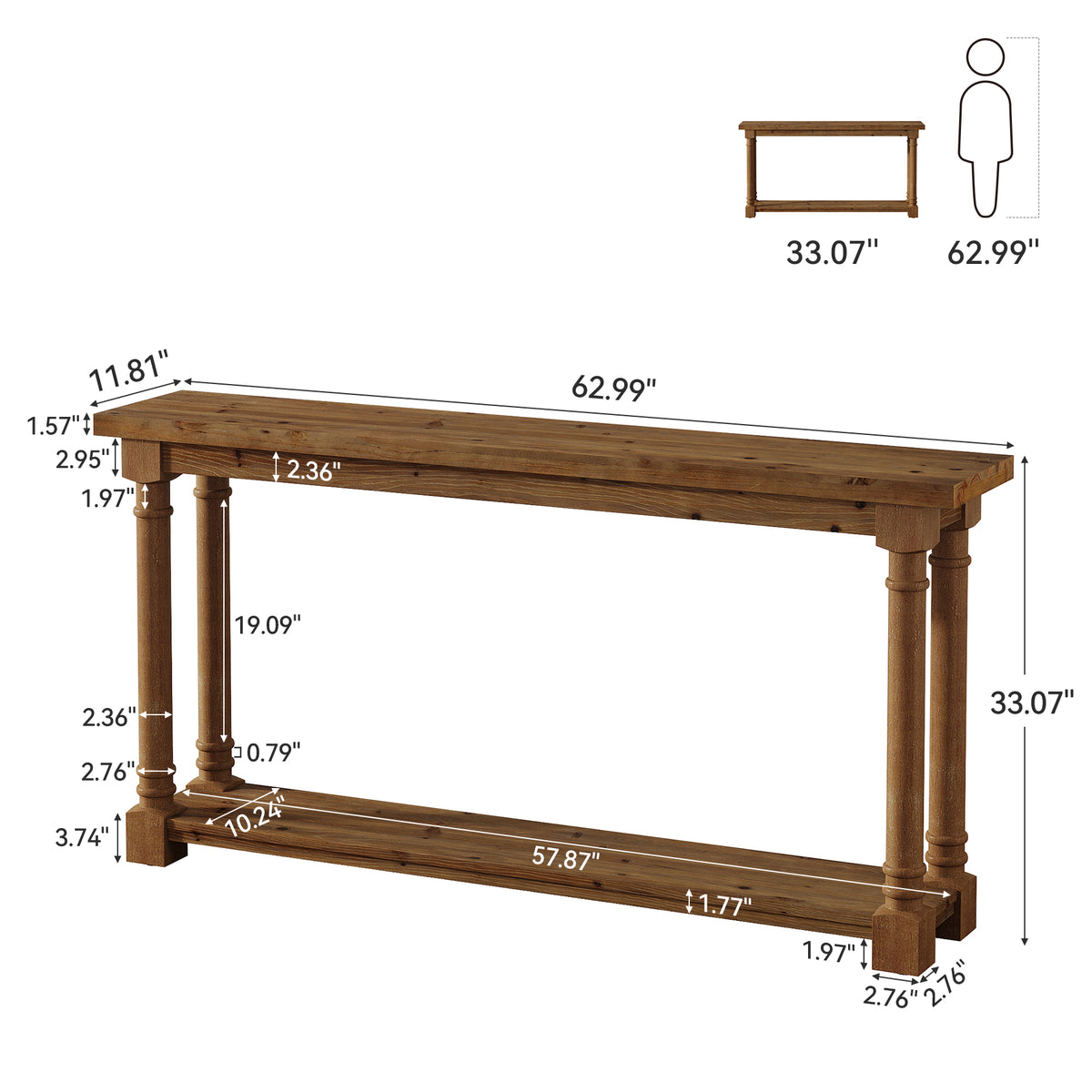 63" Solid Wood Console Table, 2-Tier Entryway Table with Turned Spindle Legs for Hallway