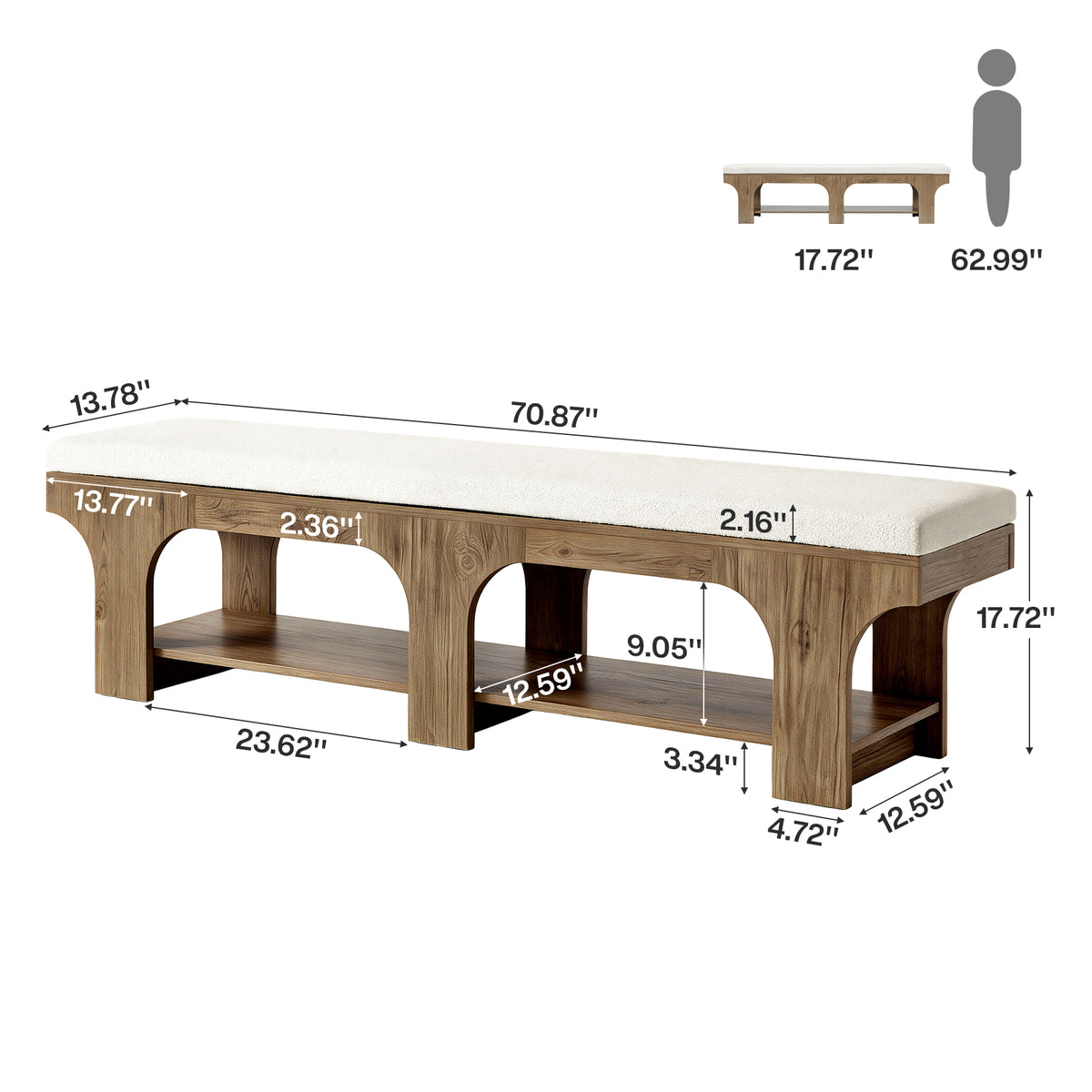 70.9" Entryway Shoe Bench with Storage Shelf & Teddy Sherpa Upholstered Seat for 2-3