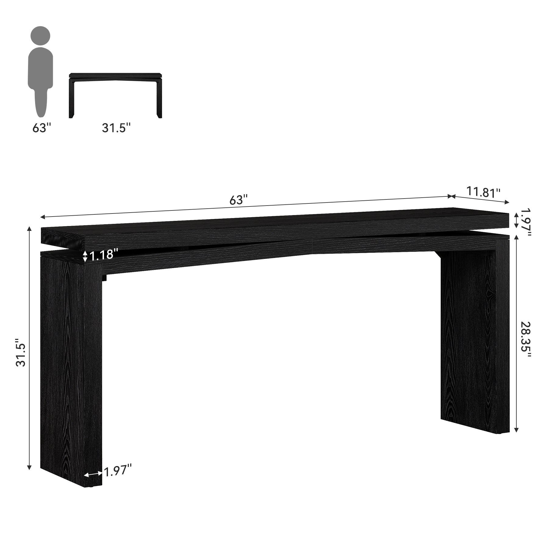 63" Solid Wood Farmhouse Console Table with 2-Tier Shelf, Long Sofa Table for Entryway, Living Room, or Behind Couch