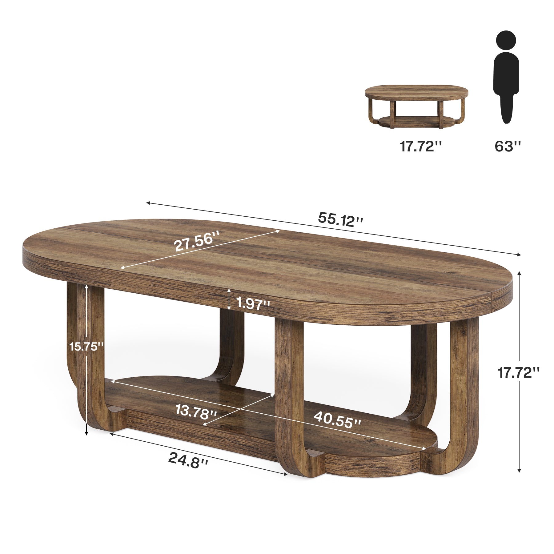55-Inch Oval Coffee Table with 2-Tier Storage, Curved Leg Design for Living Room