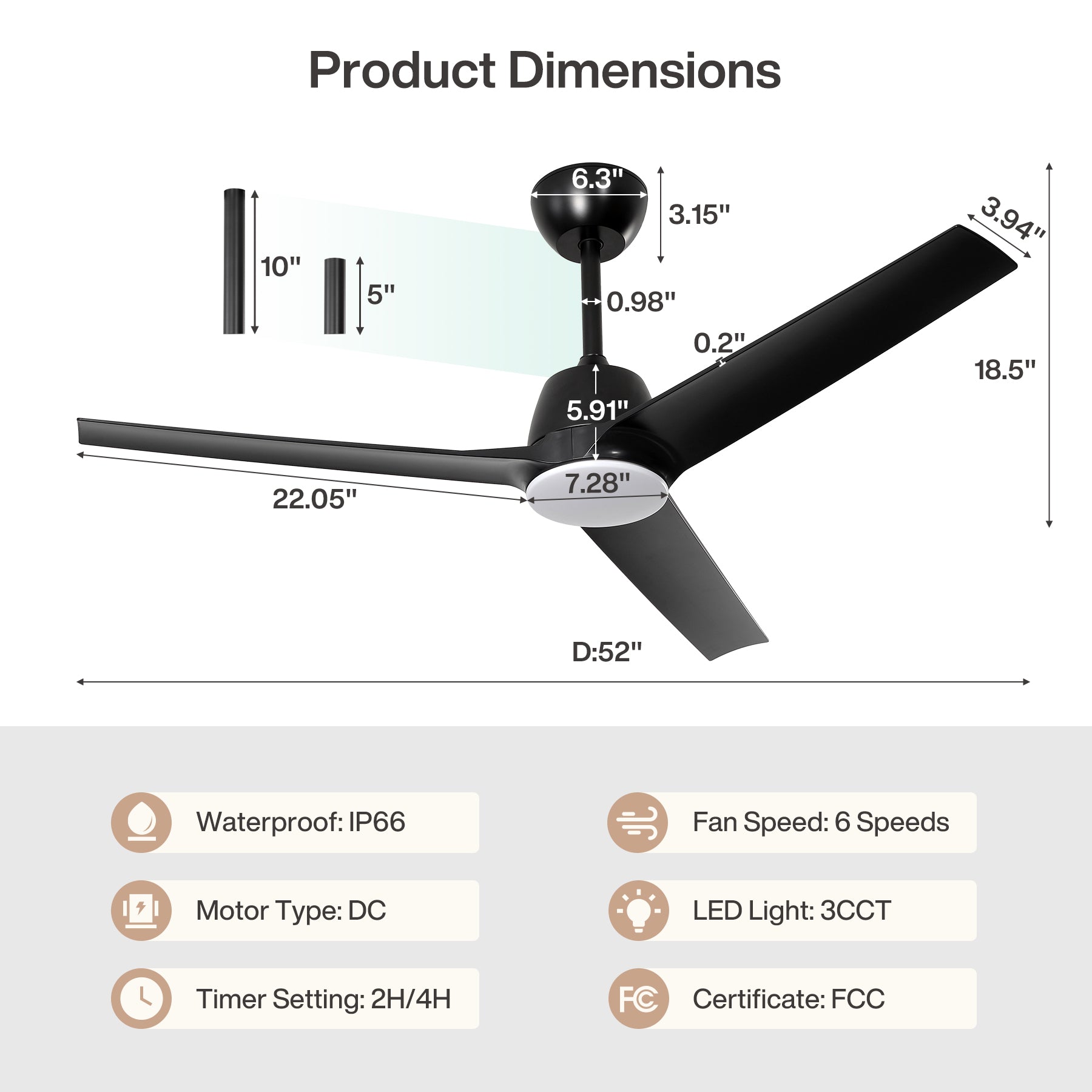 52" Outdoor Ceiling Fans with Lights and Remote, IP66 Waterproof Ceiling Fan With 2 Downrods