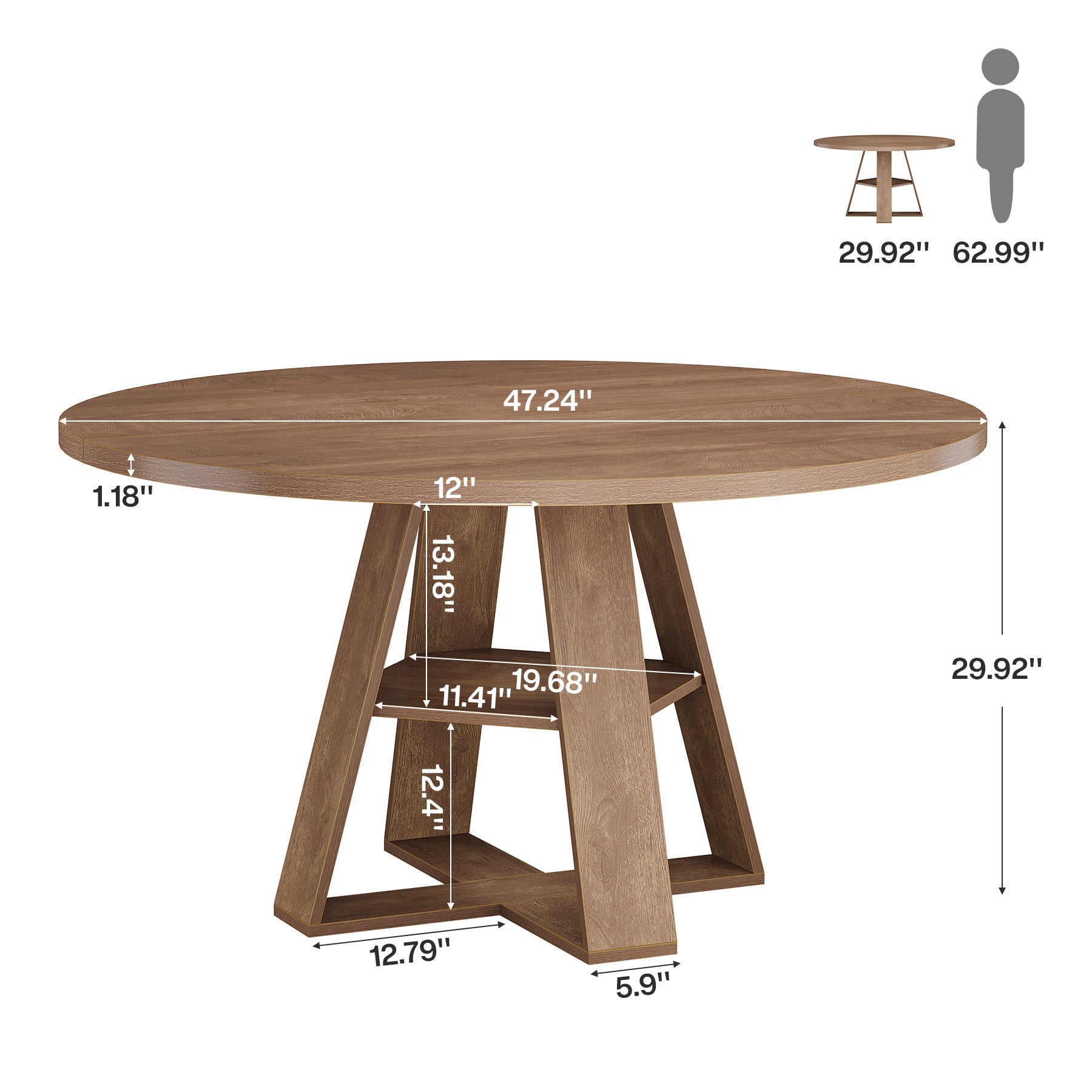 47.24" Round Dining Table for 4-6, Farmhouse Kitchen Table with Storage Shelf & X-Cross Base