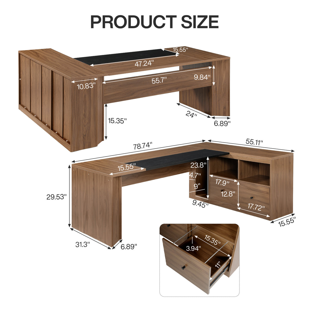 79" L-Shaped Executive Desk with File Cabinet, Modern Computer Desk with Storage for Home Office
