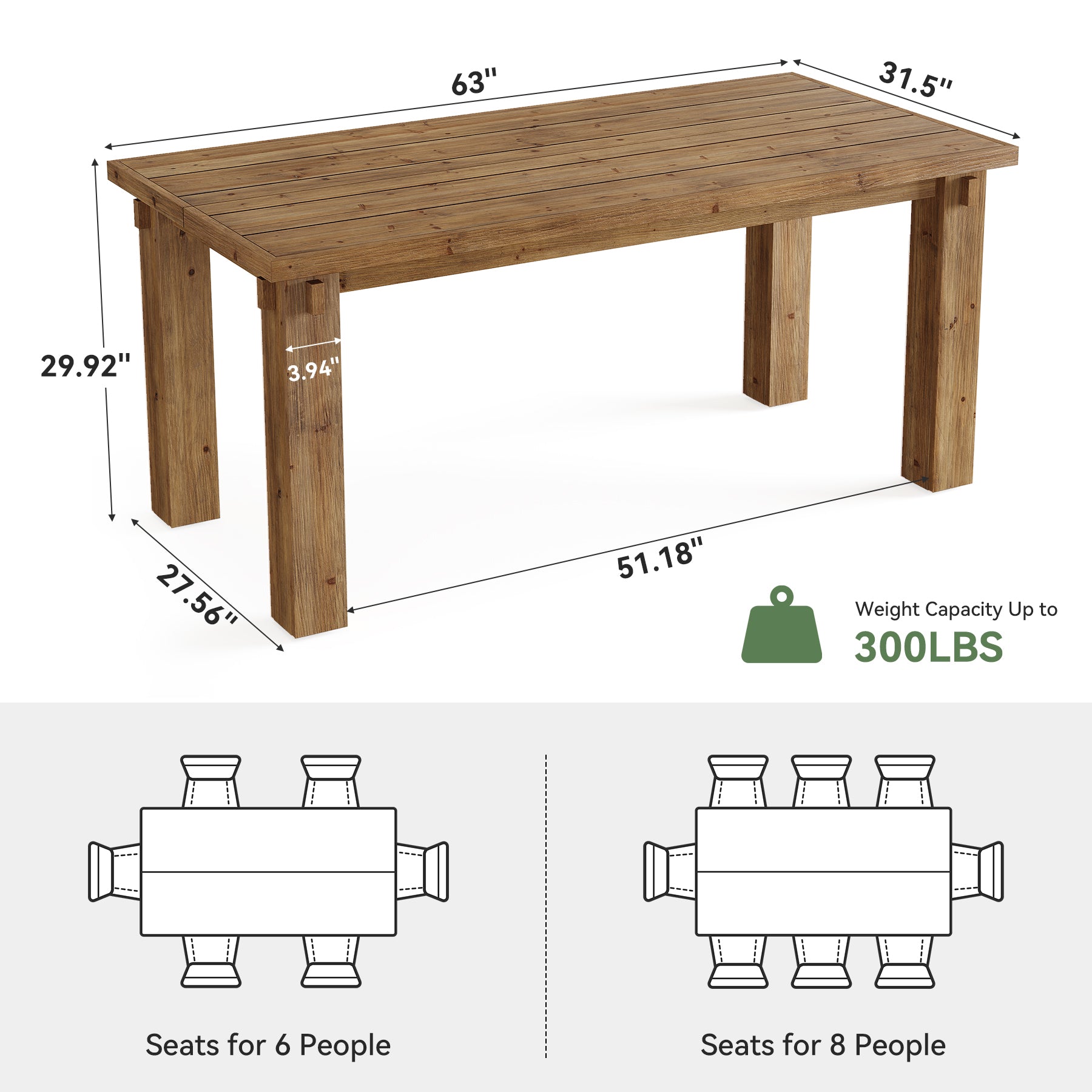 63" Solid Wood Dining Table for 4-6, Rectangular Kitchen Table with Sturdy Legs