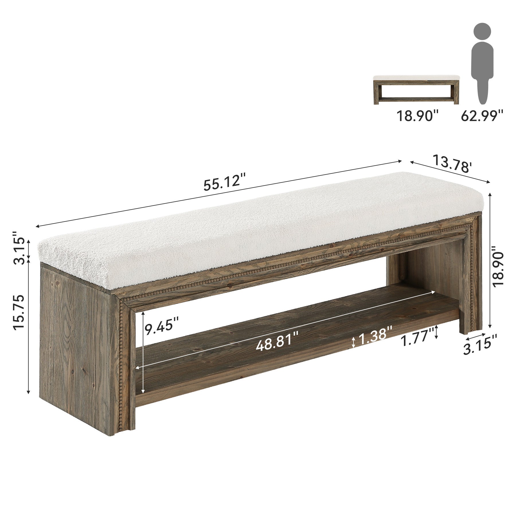55" Solid Wood Entryway Bench, Upholstered Shoe Bench with Storage Shelf for Hallway