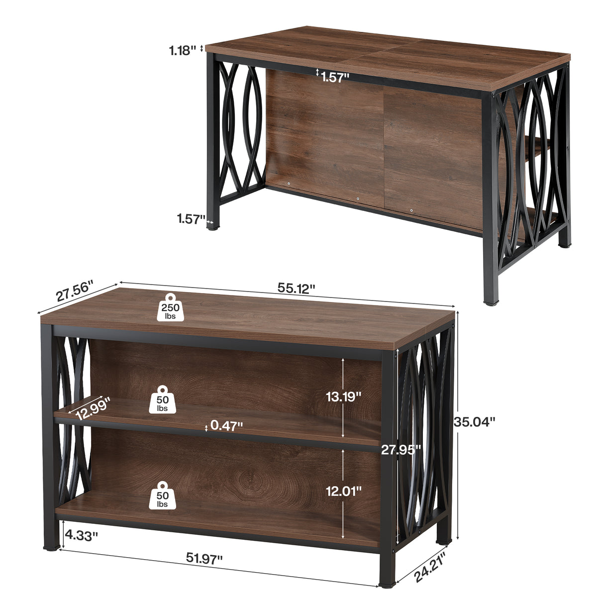 55" Kitchen Island with Storage, 3-Tier Stationary Island Table with Metal Frame for Kitchen