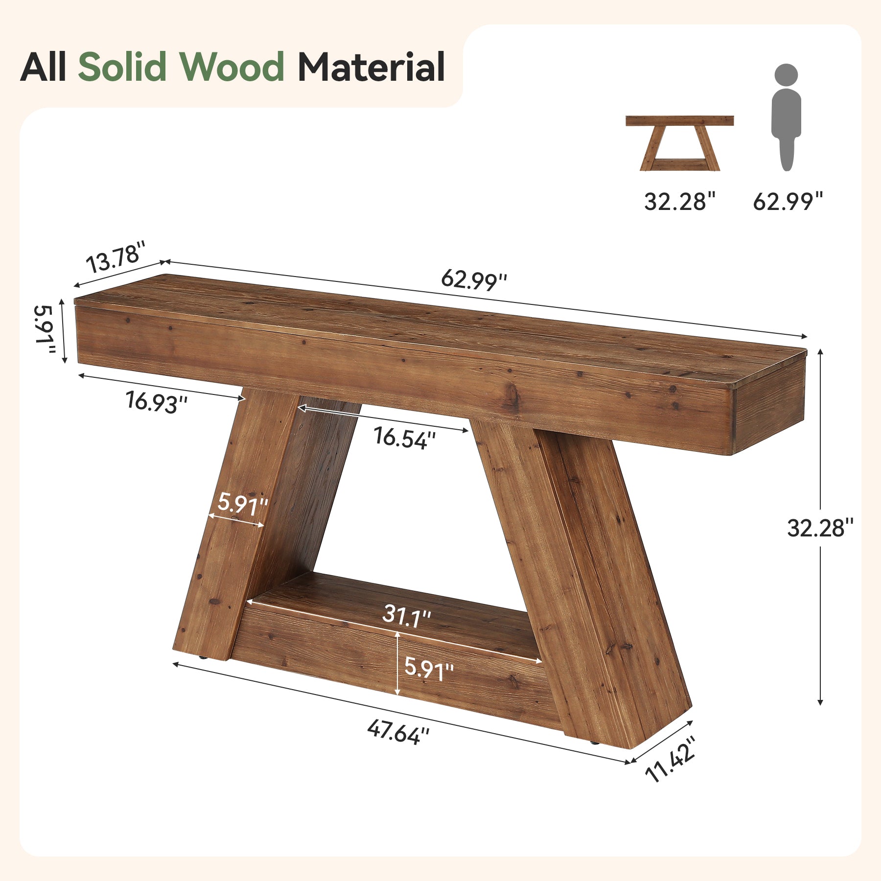 63” Solid Wood Console Table, Farmhouse Sofa Table Behind Couch with 2-Tier Storage for Hallway