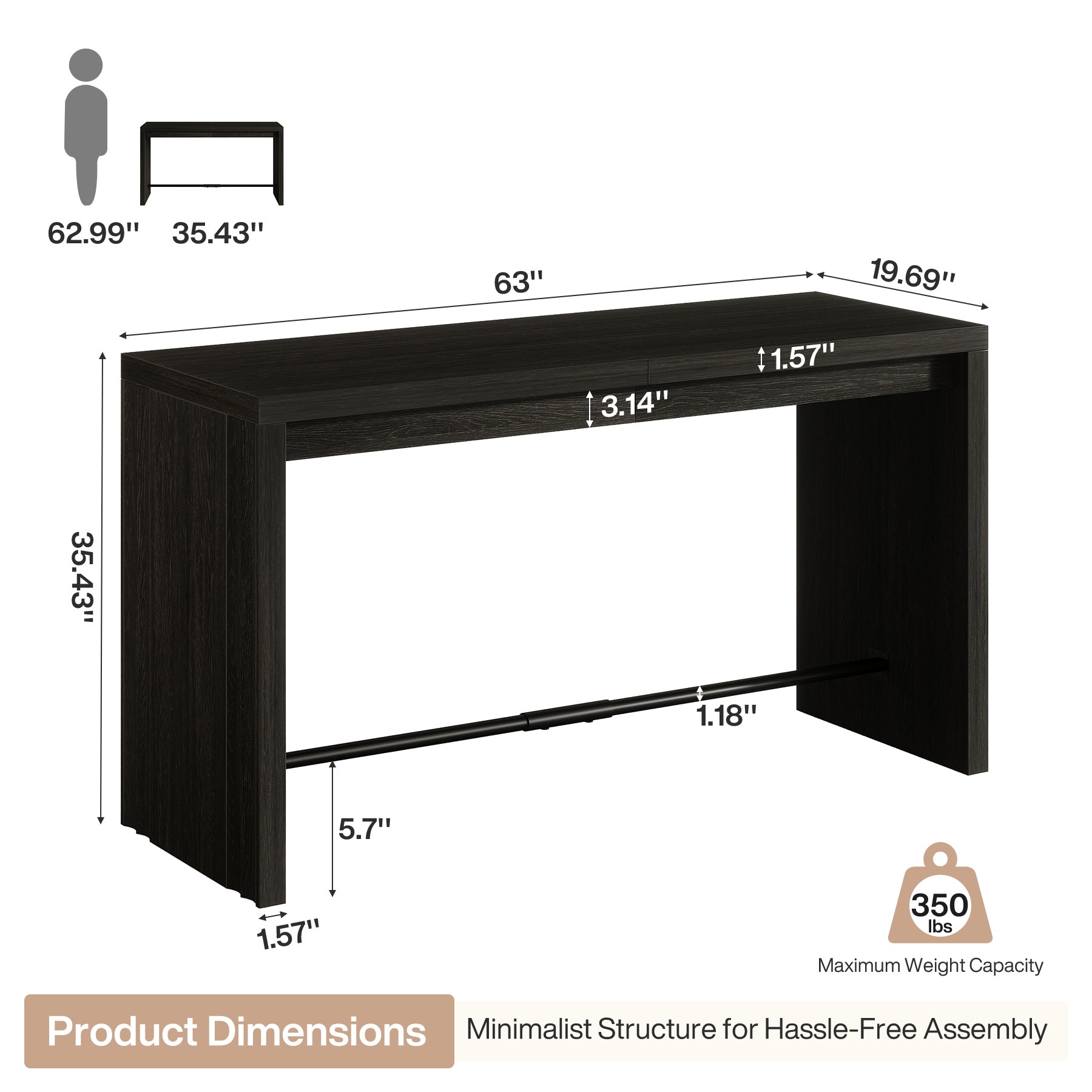 63" Bar Table, Rectangular Counter Height Pub Table with Metal Footrest