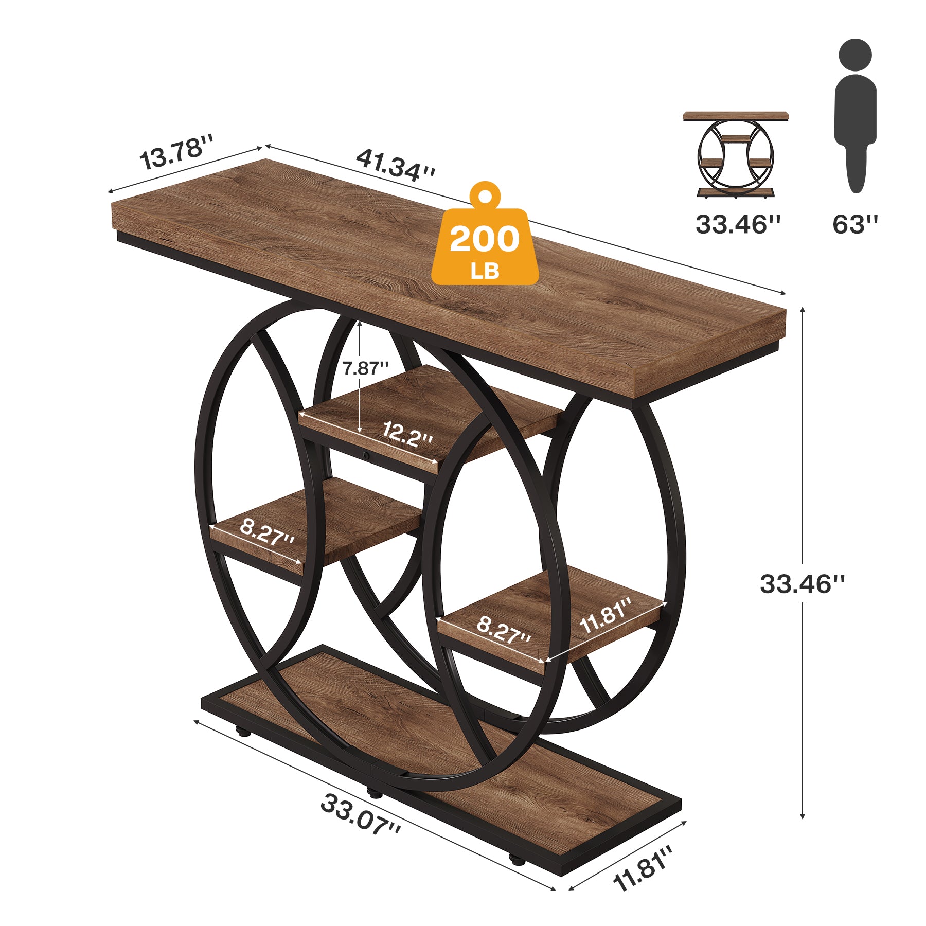 41.3" Industrial Console Table with 4-Tier Shelves – Circle Metal Frame Entryway Sofa Table