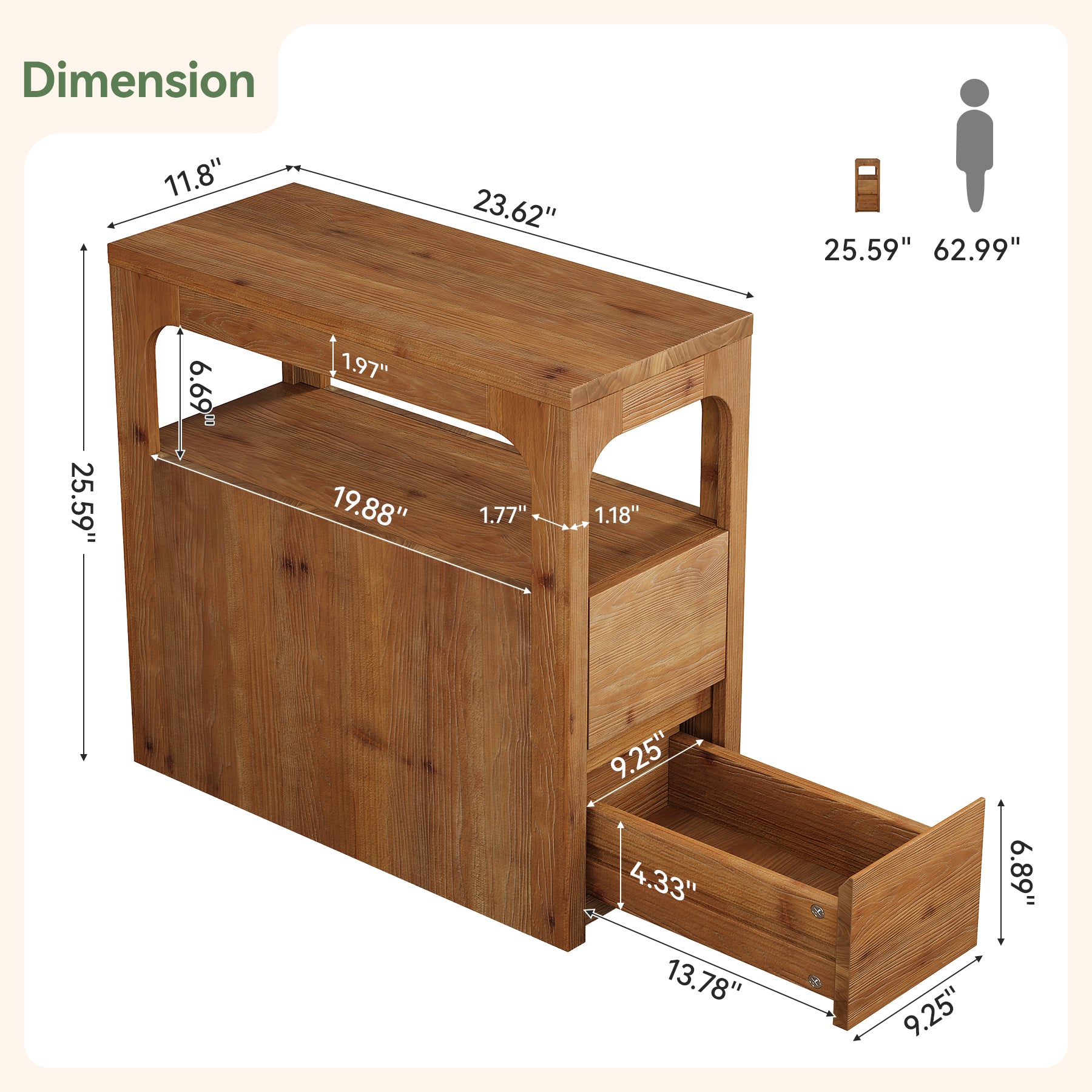 Narrow Solid Wood End Table, Farmhouse Side Table with 2 Drawers