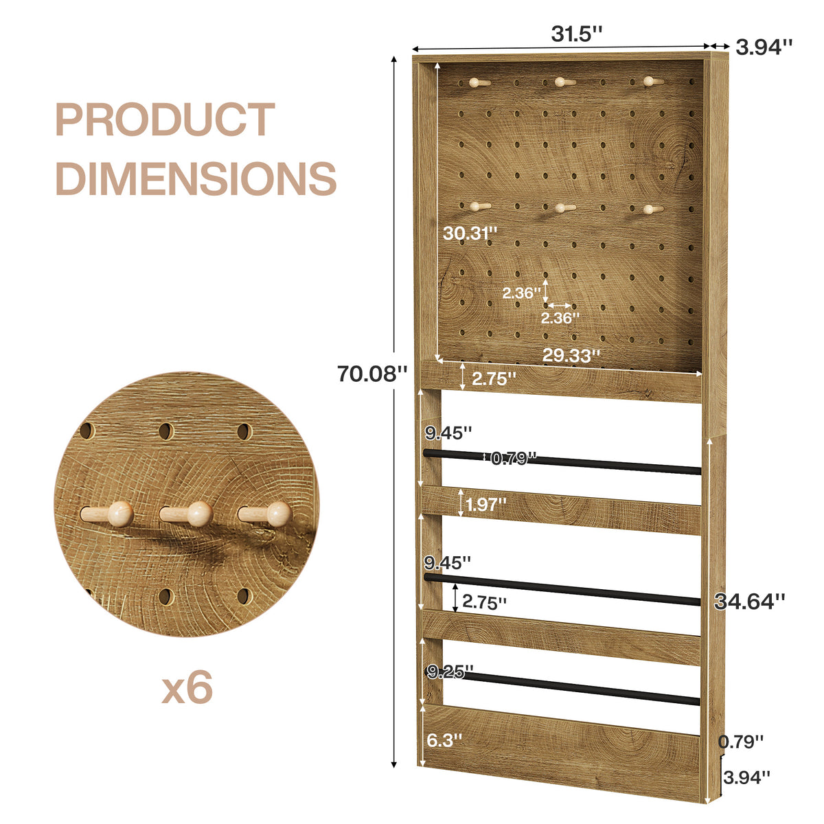 70" Tall Behind-the-Door Bookshelf with Pegboard & Hooks, Slim Wall-Mounted Storage