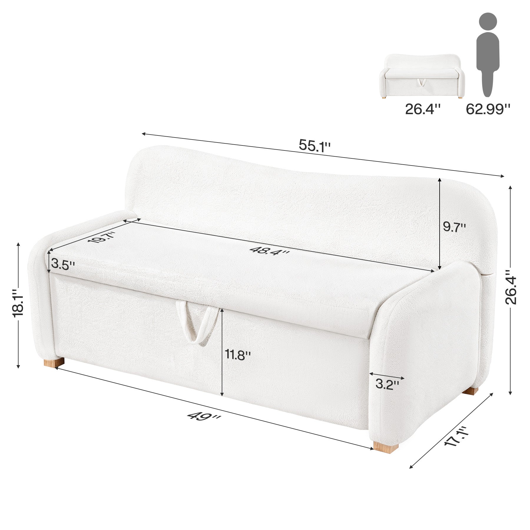55" Faux Sheepskin Ottoman Bench, White Backrest Storage, End of Bed Bedroom