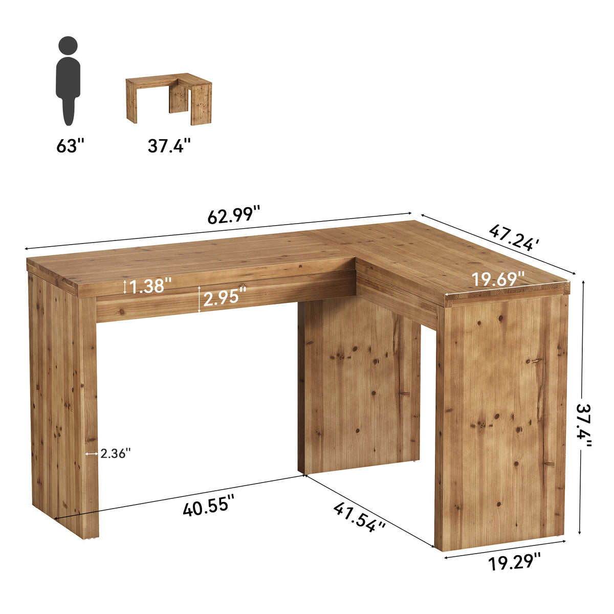 63" x 47" L-Shaped Solid Wood Bar Table, Counter Height with 2.4" Thick Panel Legs