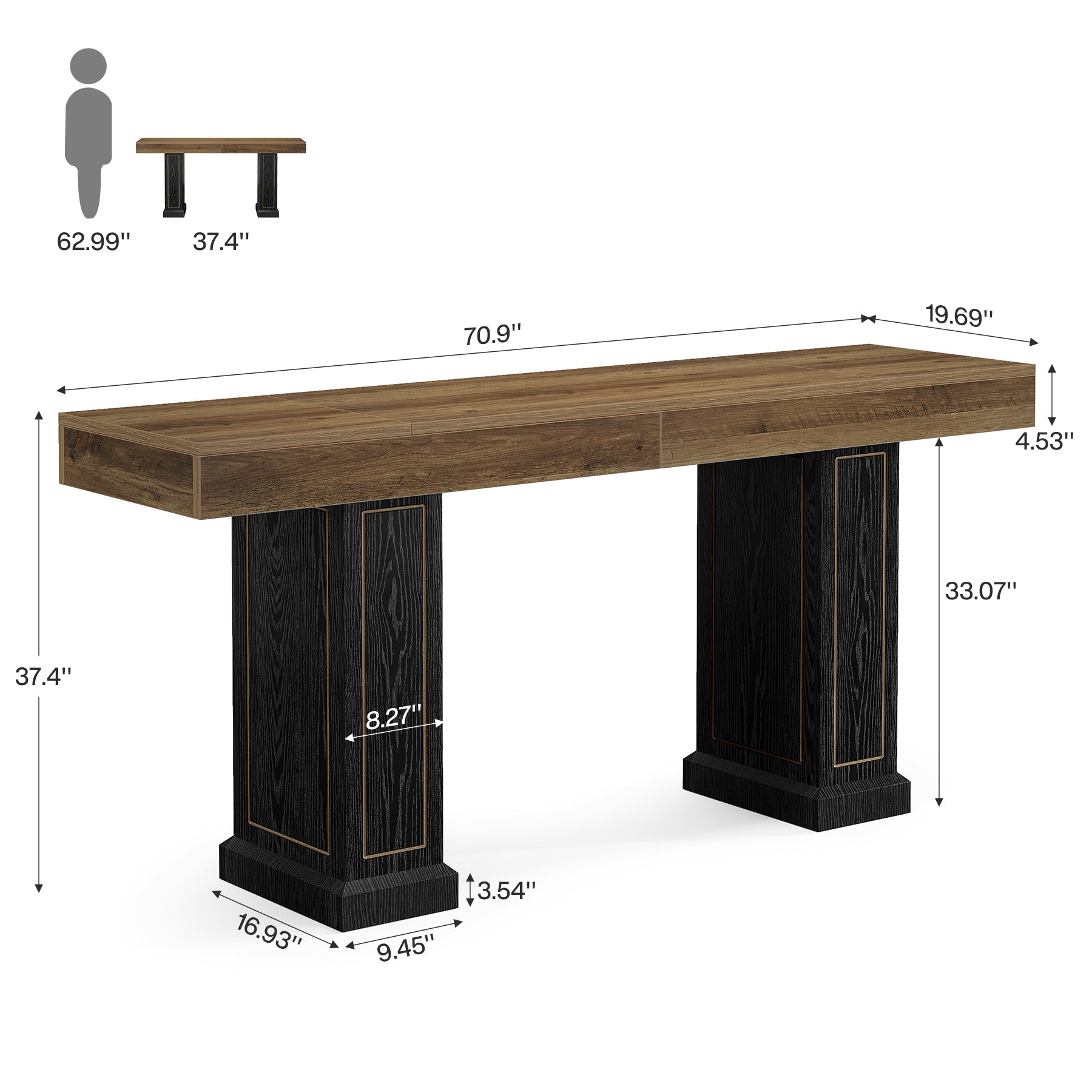 71" Counter Height Bar Table for 6-8 People, Rustic Pub Table with Dual Pedestal Base & Gold Accents