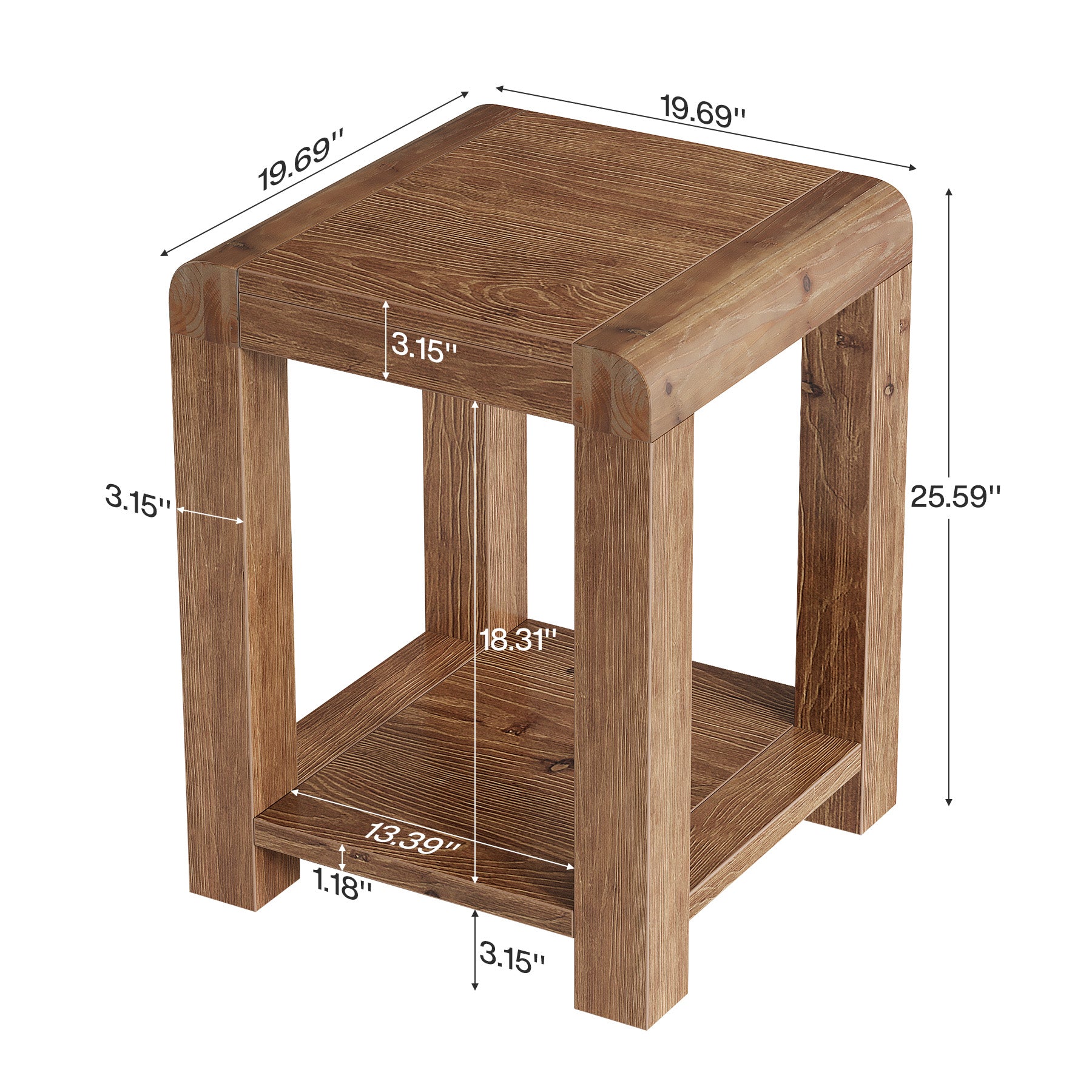 19.7" Solid Wood End Table, Square Side Table with 2-Tier Storage Shelf for Small Spaces