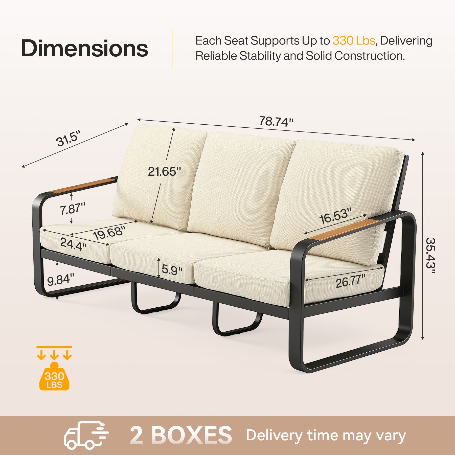 78.7" Wide Outdoor Bench, 3-Person Patio Sofa with Removable Cushions