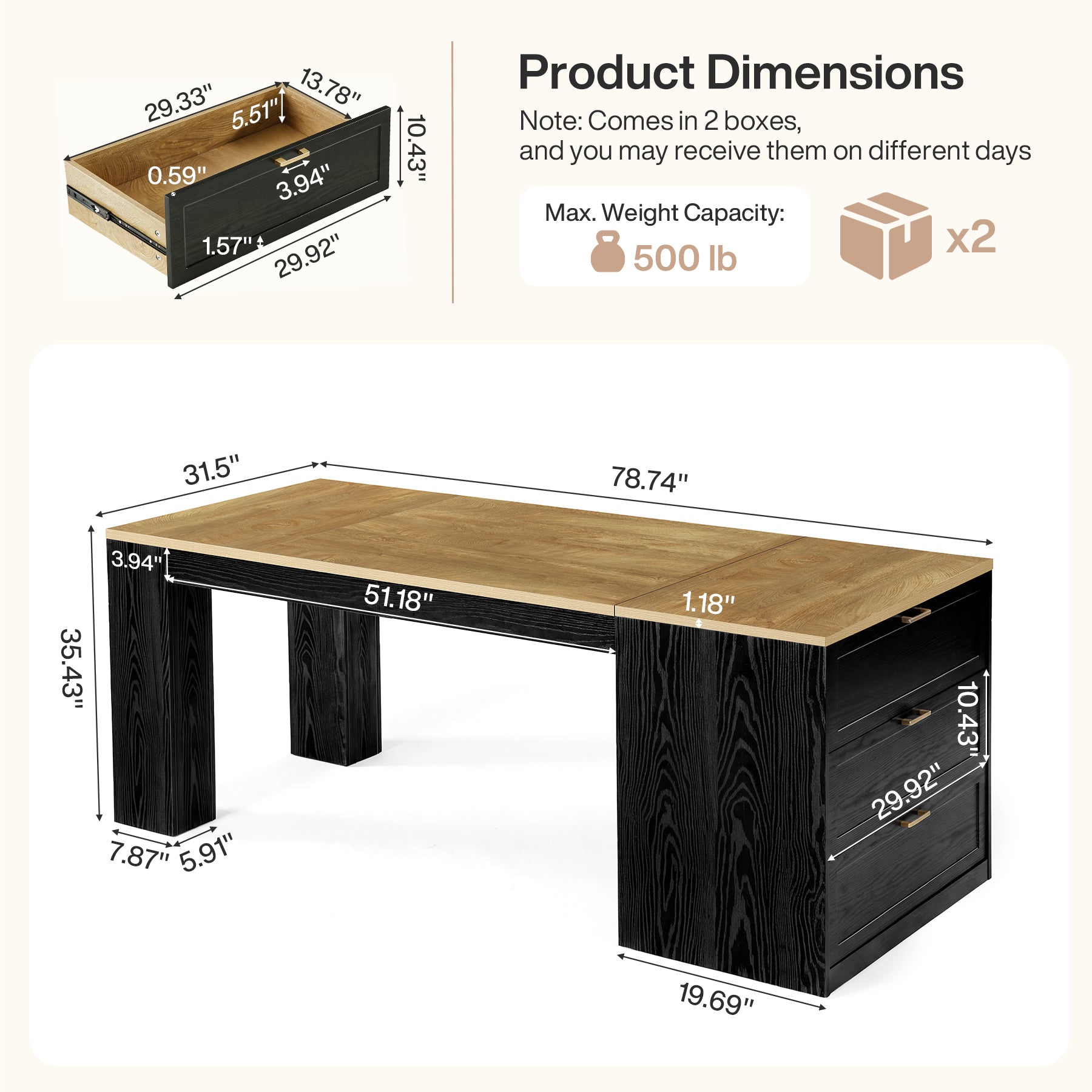 78.7" Extra Long Kitchen Island with 3 Drawers, Modern Prep Table, Large Leg Room