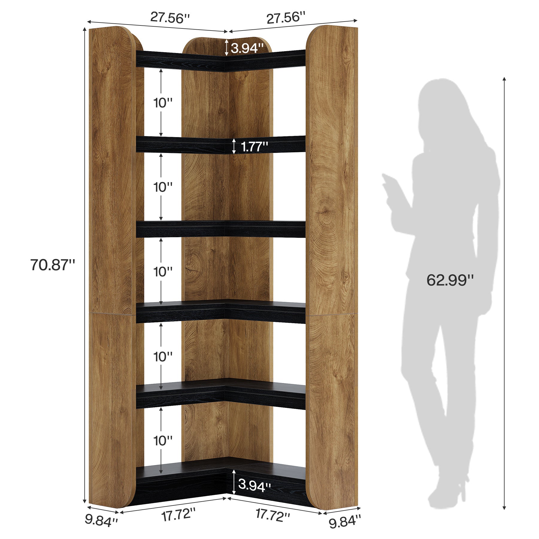 6-Tier Corner Bookshelf, 70.9" Bookcase Display Rack with Open Shelves