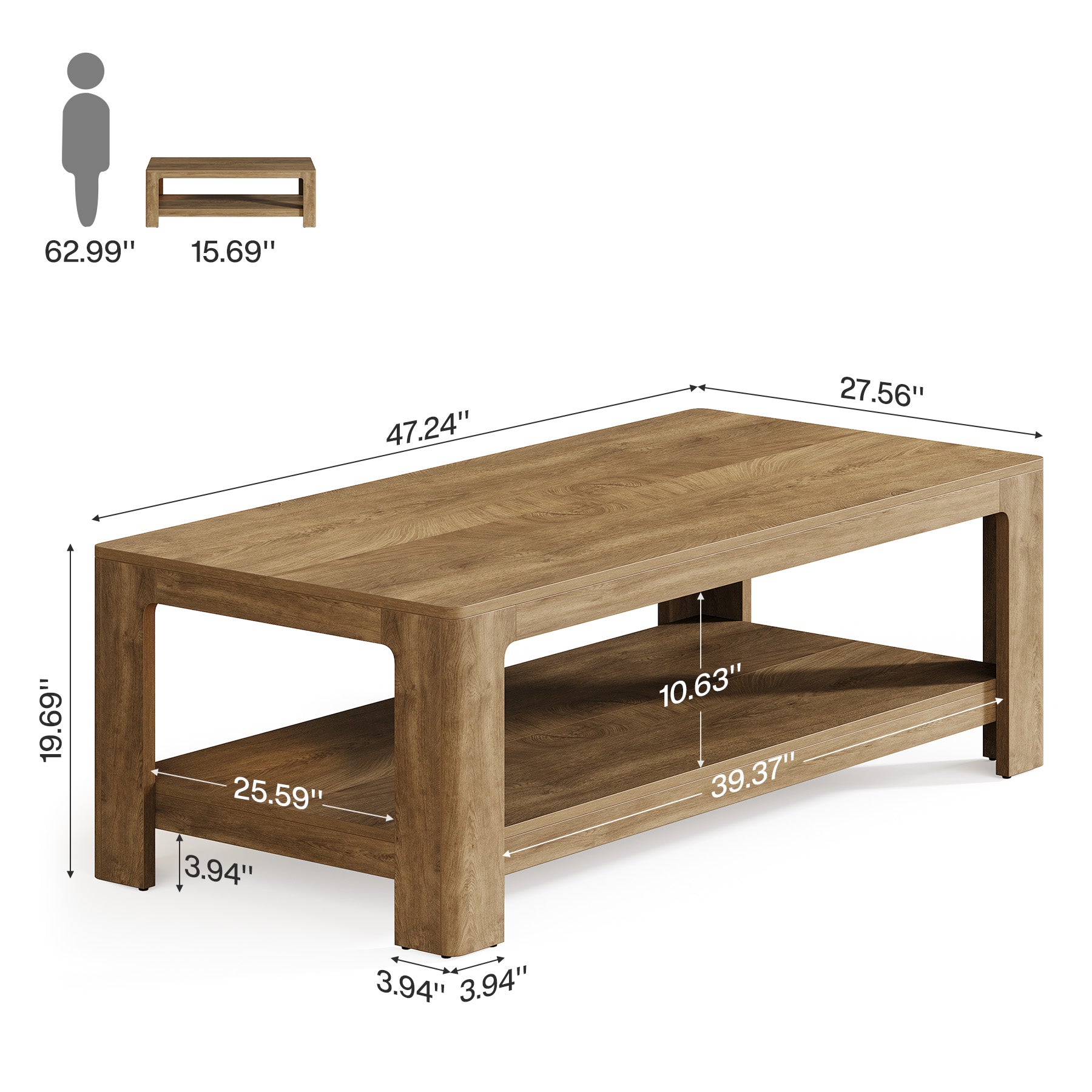 47.24" Rectangular Coffee Table with 2-Tier Storage, Wood Center Table for Living Room