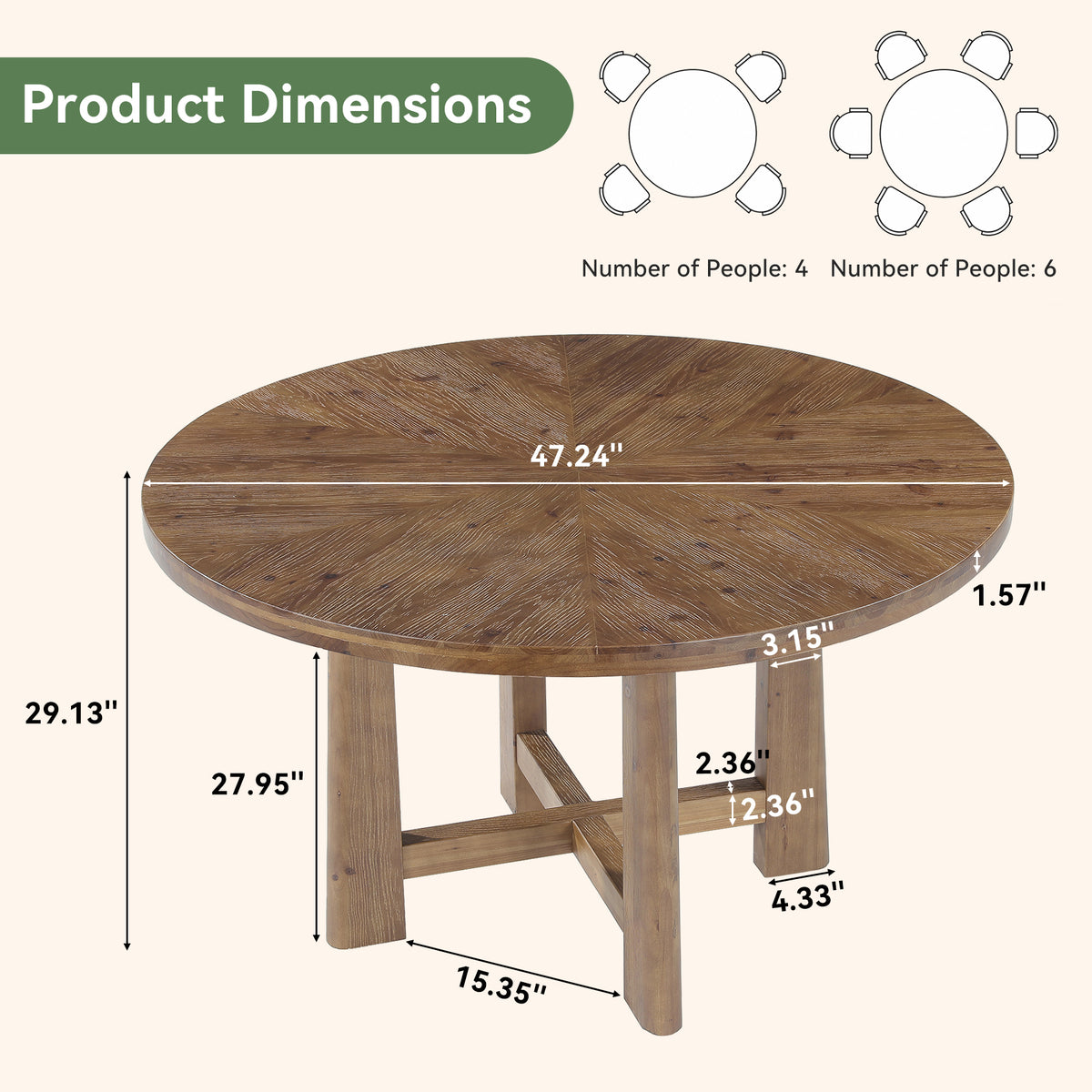 47" Round Farmhouse Dining Table for 6, Solid Wood Kitchen Table, Dining Room Living Room