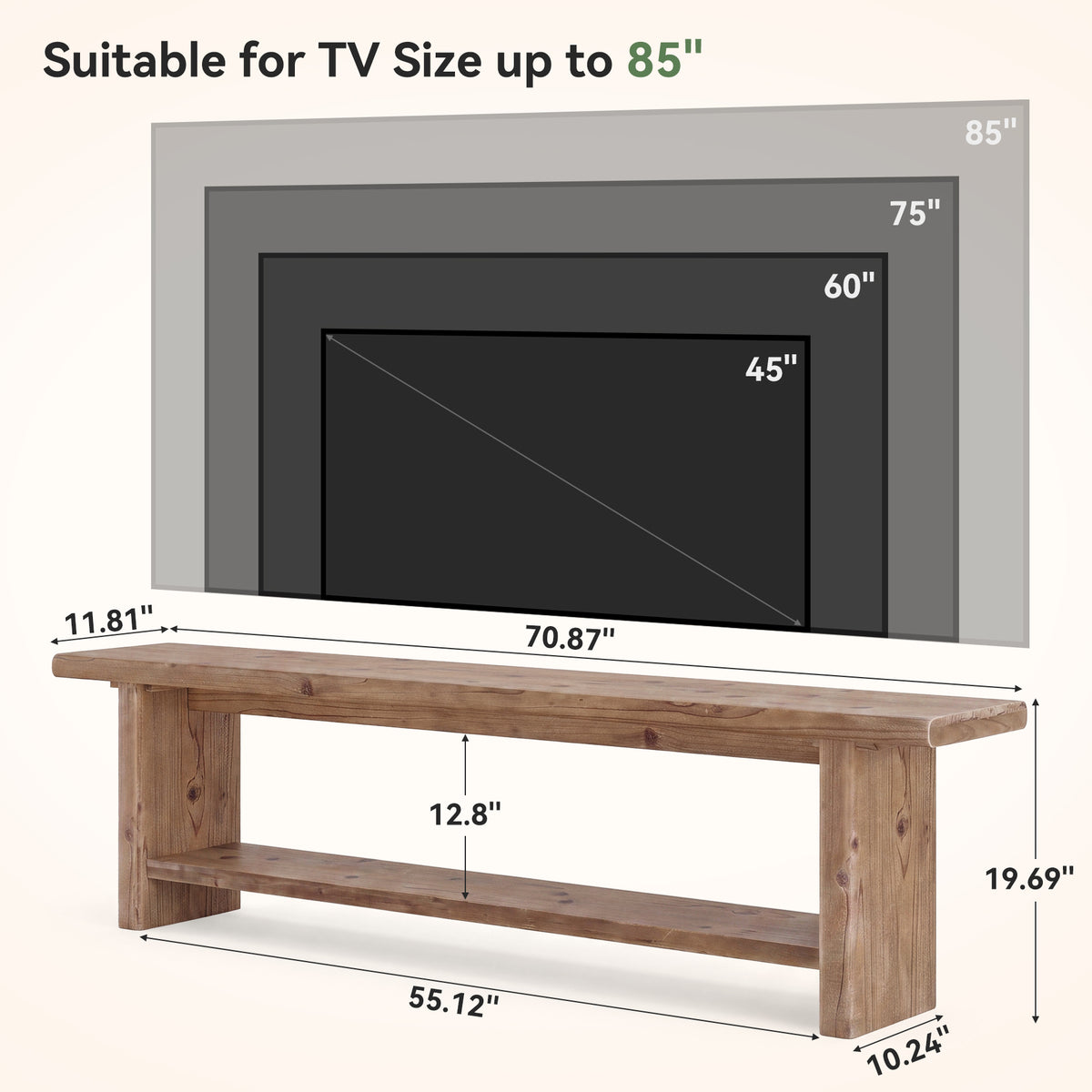 71" Solid Wood TV Stand for 85" TV, 2-Tier Farmhouse Entertainment Center with Storage
