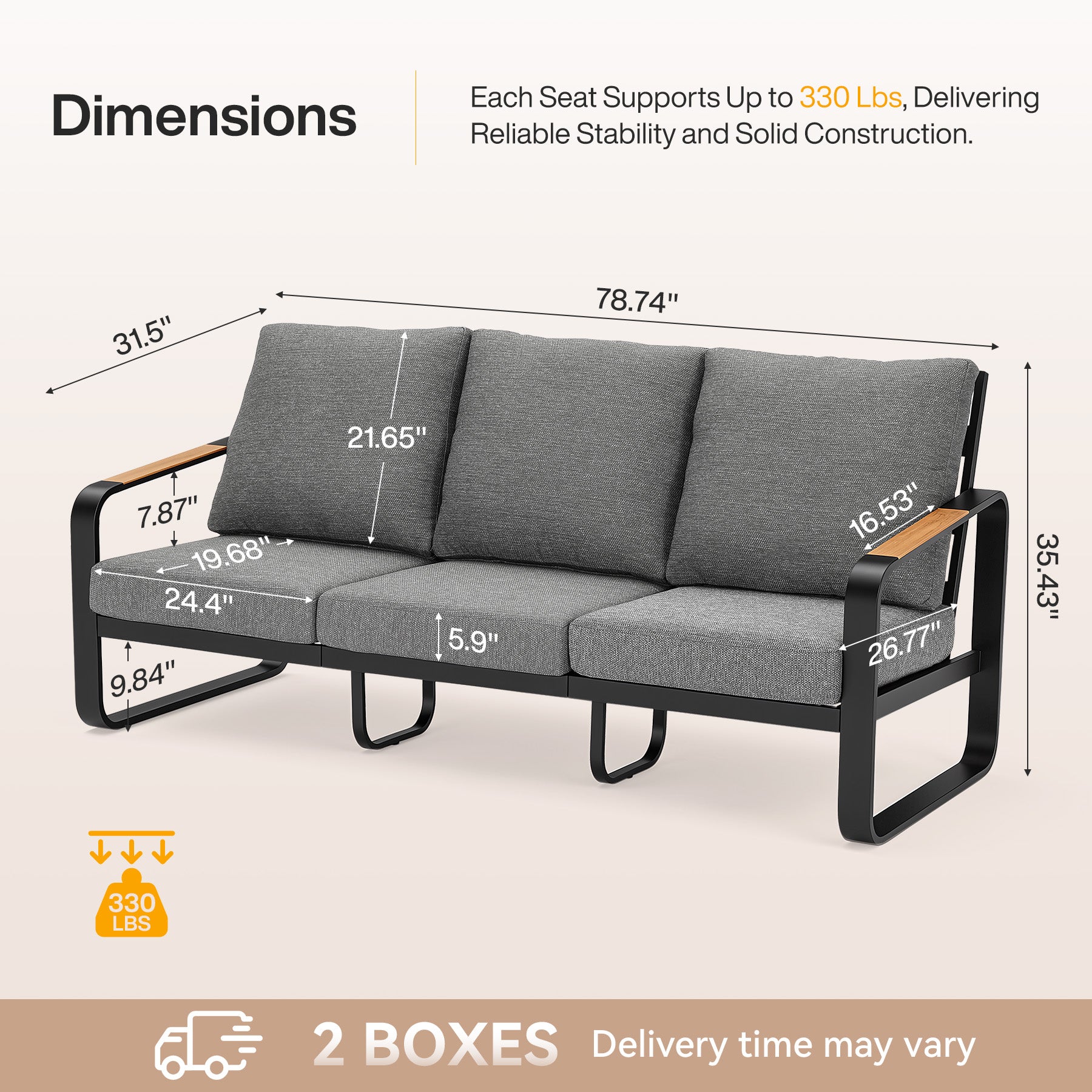 78.7" Wide Outdoor Bench, 3-Person Patio Sofa with Removable Cushions