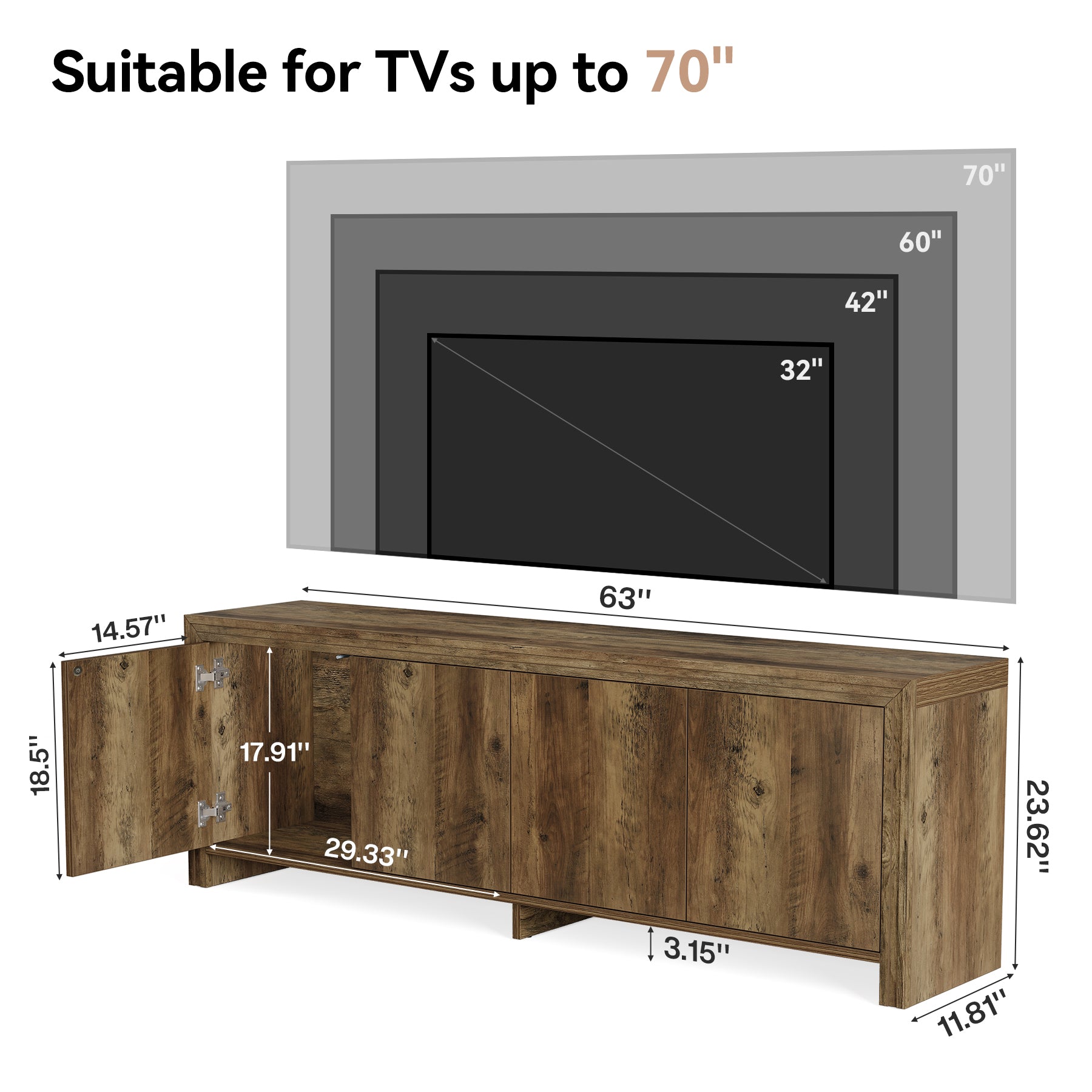63" TV Stand, Entertainment Center with Storage Cabinet for TVs Up to 70"