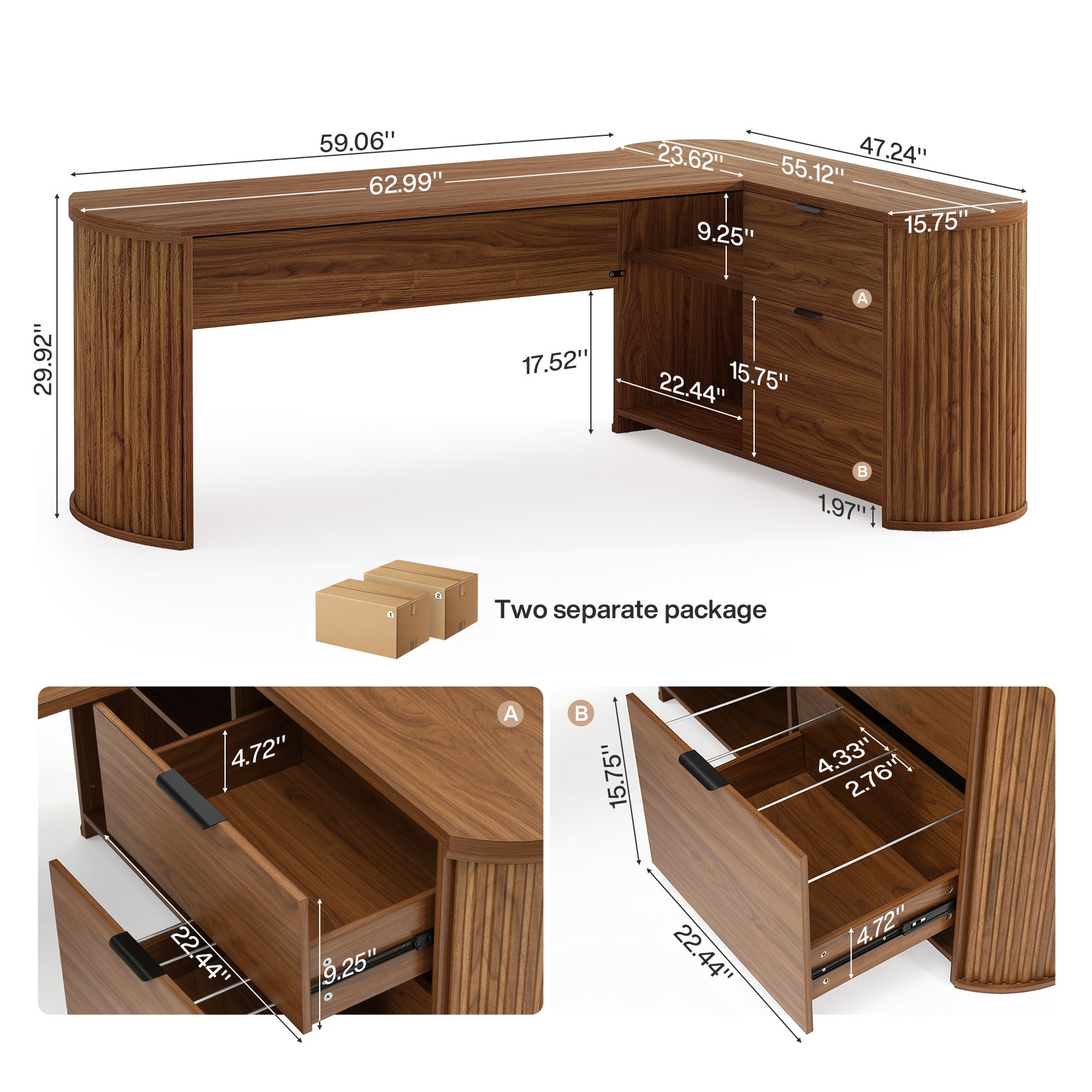 79" L-Shaped Executive Desk, Large Computer Desk with File Drawers