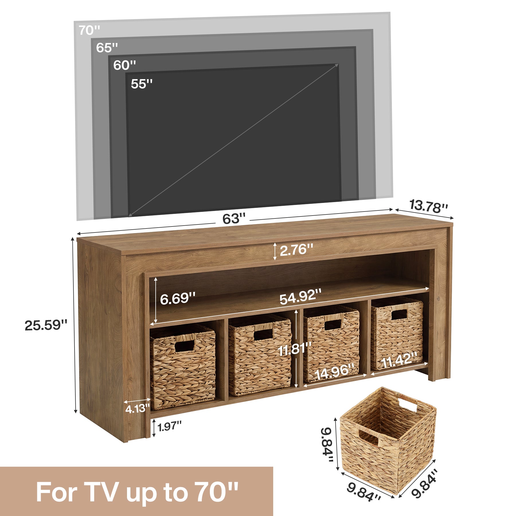 63" Farmhouse TV Stand for 55–70 Inch TVs, Media Console with Baskets & Open Storage