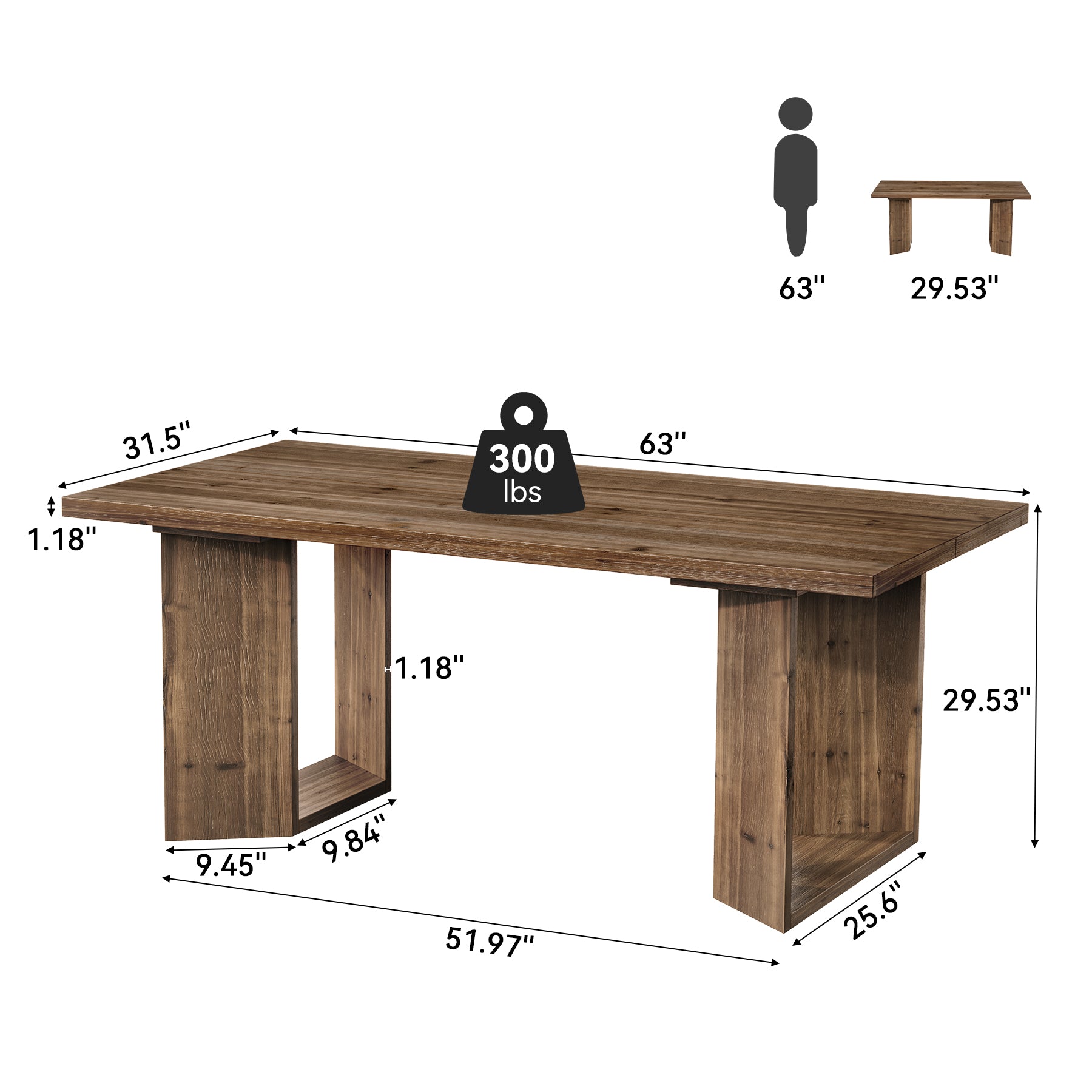 63" Solid Wood Executive Desk, Rectangular Office Computer Desk with U-Shaped Frames