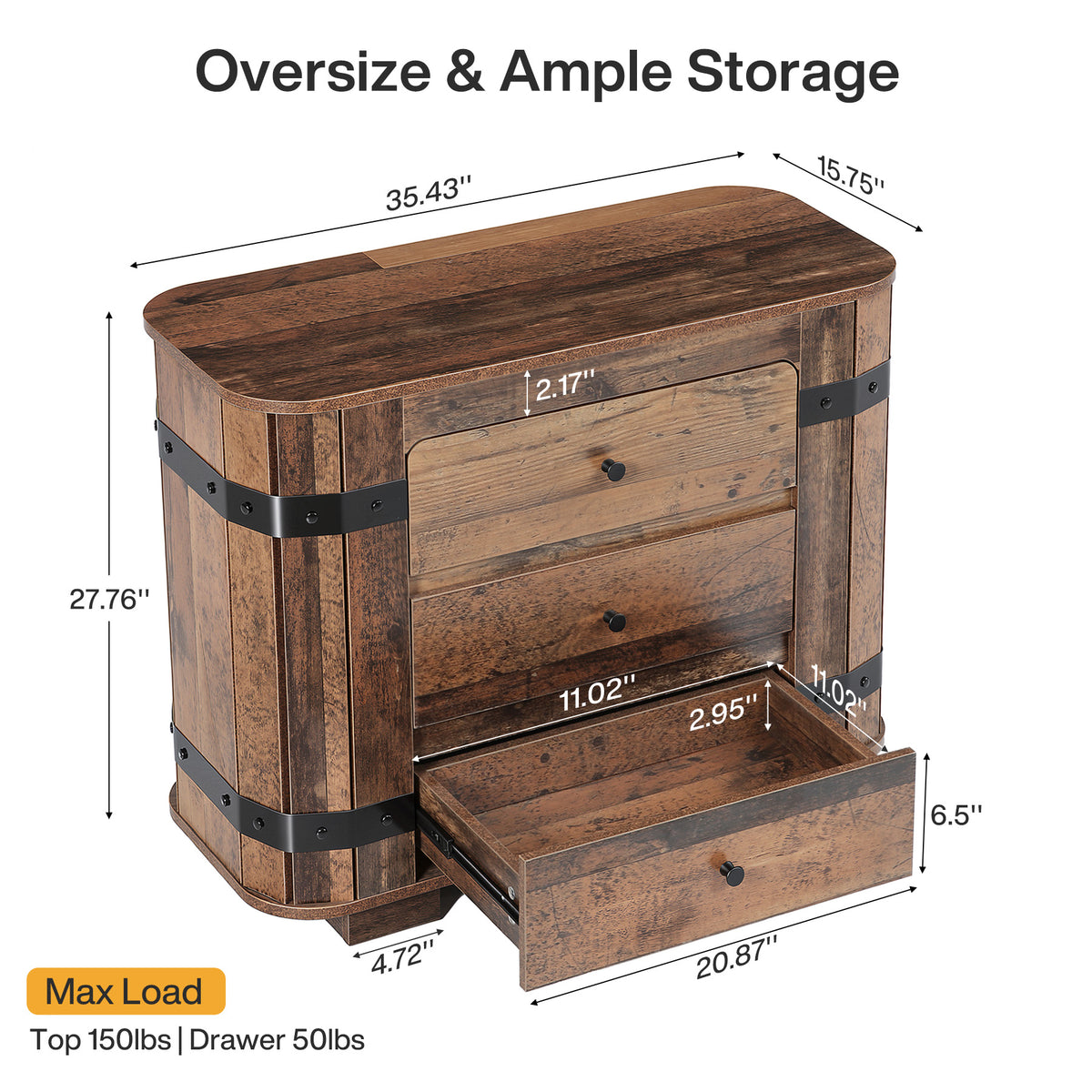 Oversized 3 Drawer Nightstand, Extra Wide Rustic Large Bedside Table, Bedroom